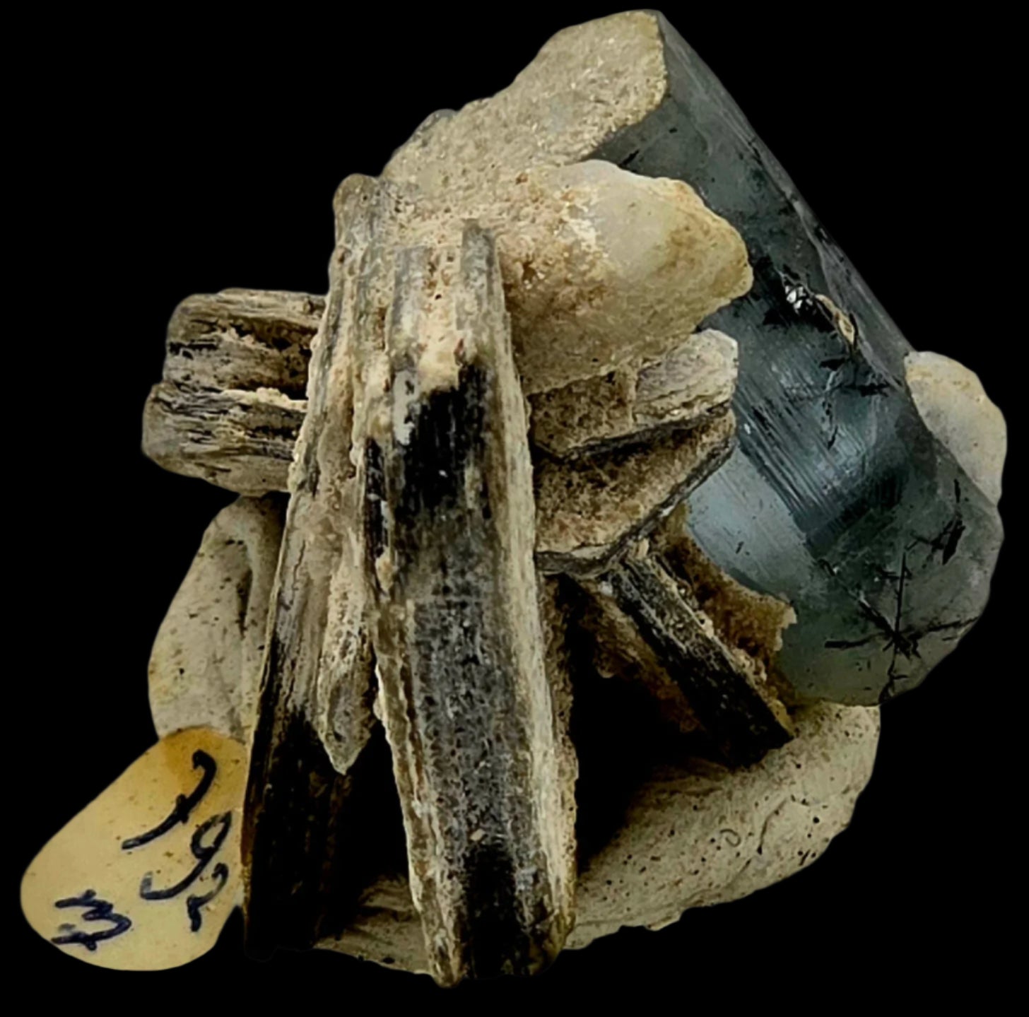 AQUAMARINE (BERYL) with SCHORL NEEDLES ON MUSCOVITE (miniature)