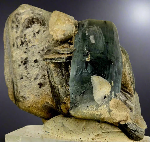 Apatite on matrix from Madagascar, green crystal specimen with natural geological texture