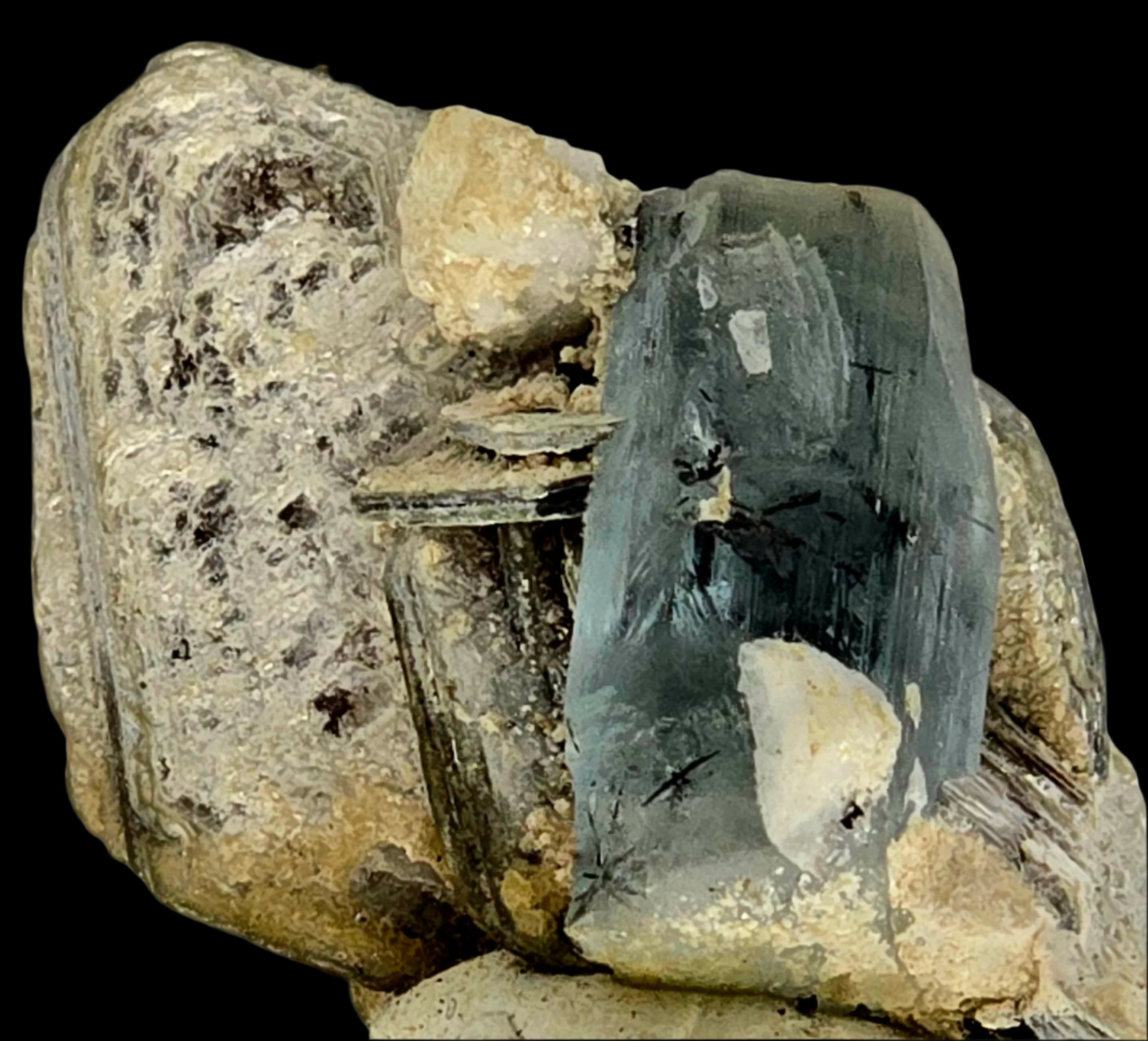 AQUAMARINE (BERYL) with SCHORL NEEDLES ON MUSCOVITE (miniature)
