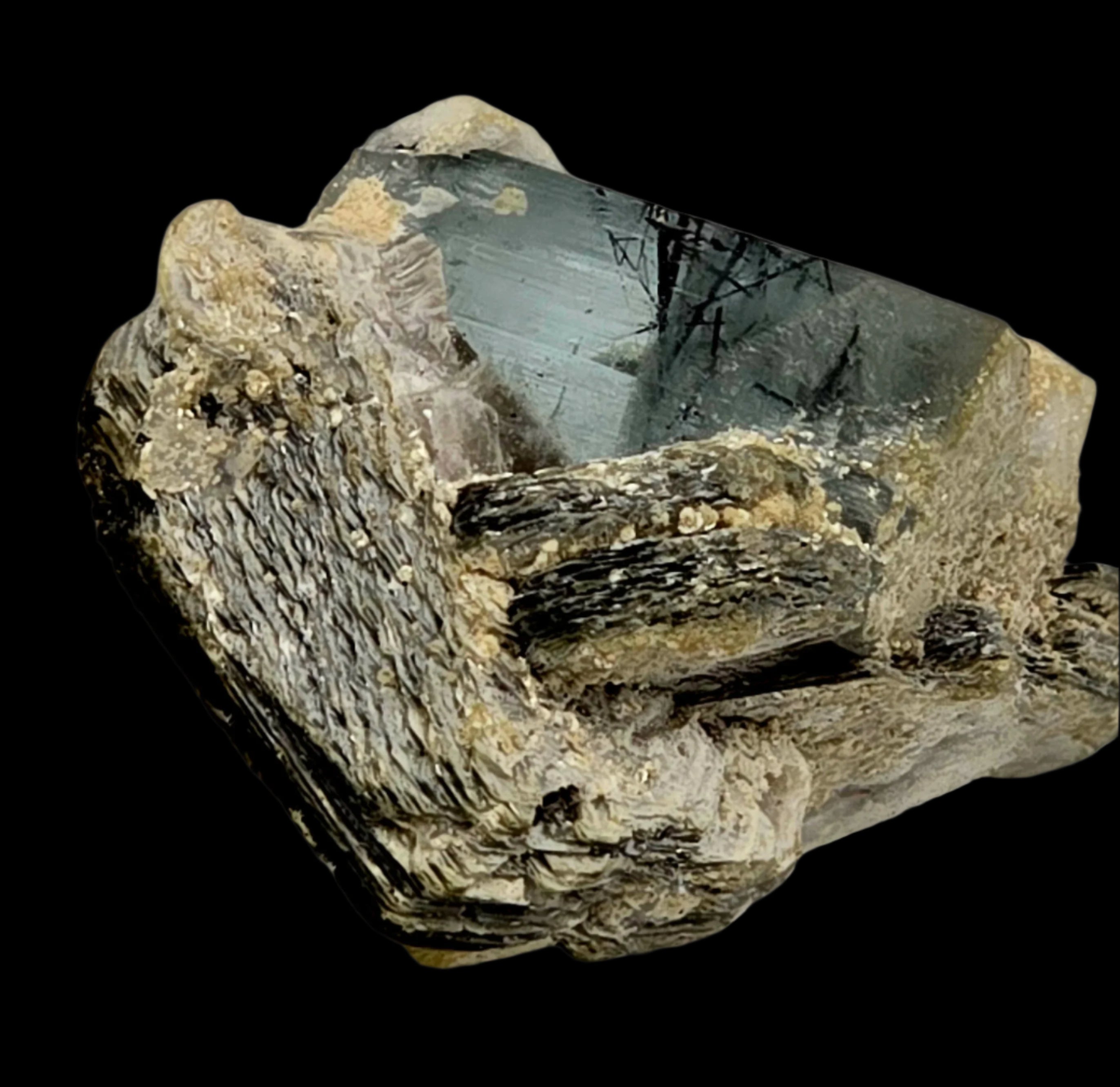 AQUAMARINE (BERYL) with SCHORL NEEDLES ON MUSCOVITE (miniature)