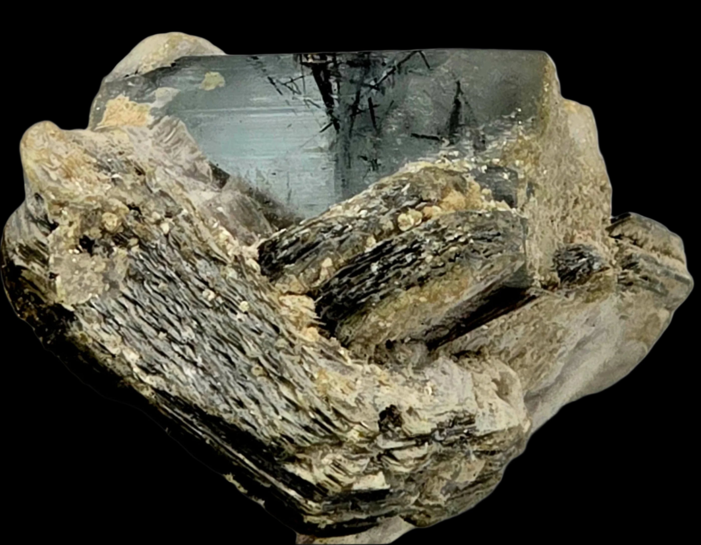 AQUAMARINE (BERYL) with SCHORL NEEDLES ON MUSCOVITE (miniature)