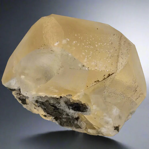 Yellow Fluorite crystal from Derbyshire, UK with clear cubic form and matrix base