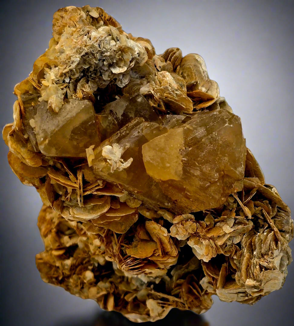 SCHEELITE (3 crystals), MUSCVOVITE with STANNITE  (small cabinet)