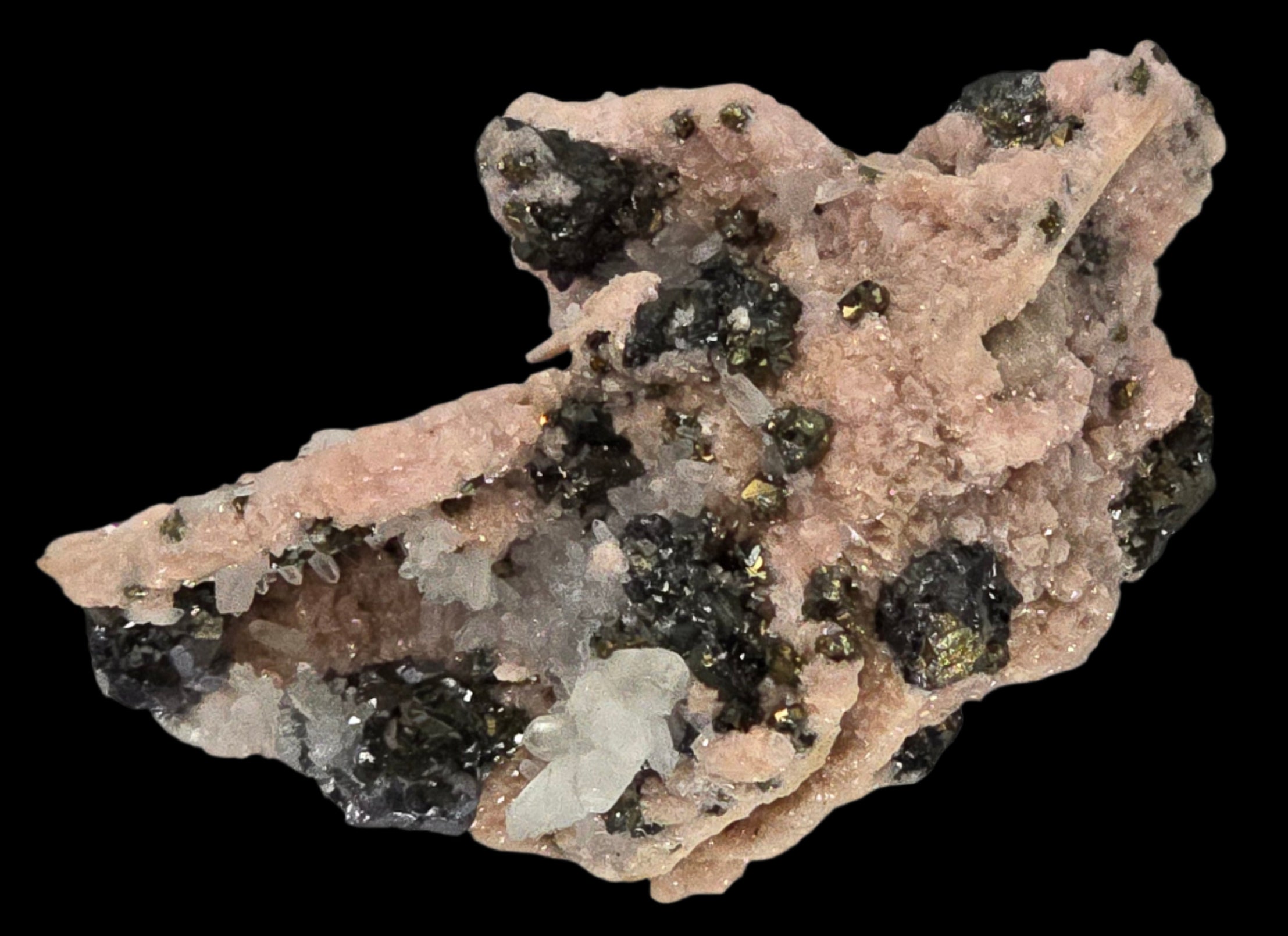 RHODOCHROSITE, CHALCOPYRITE, QUARTZ (miniature)