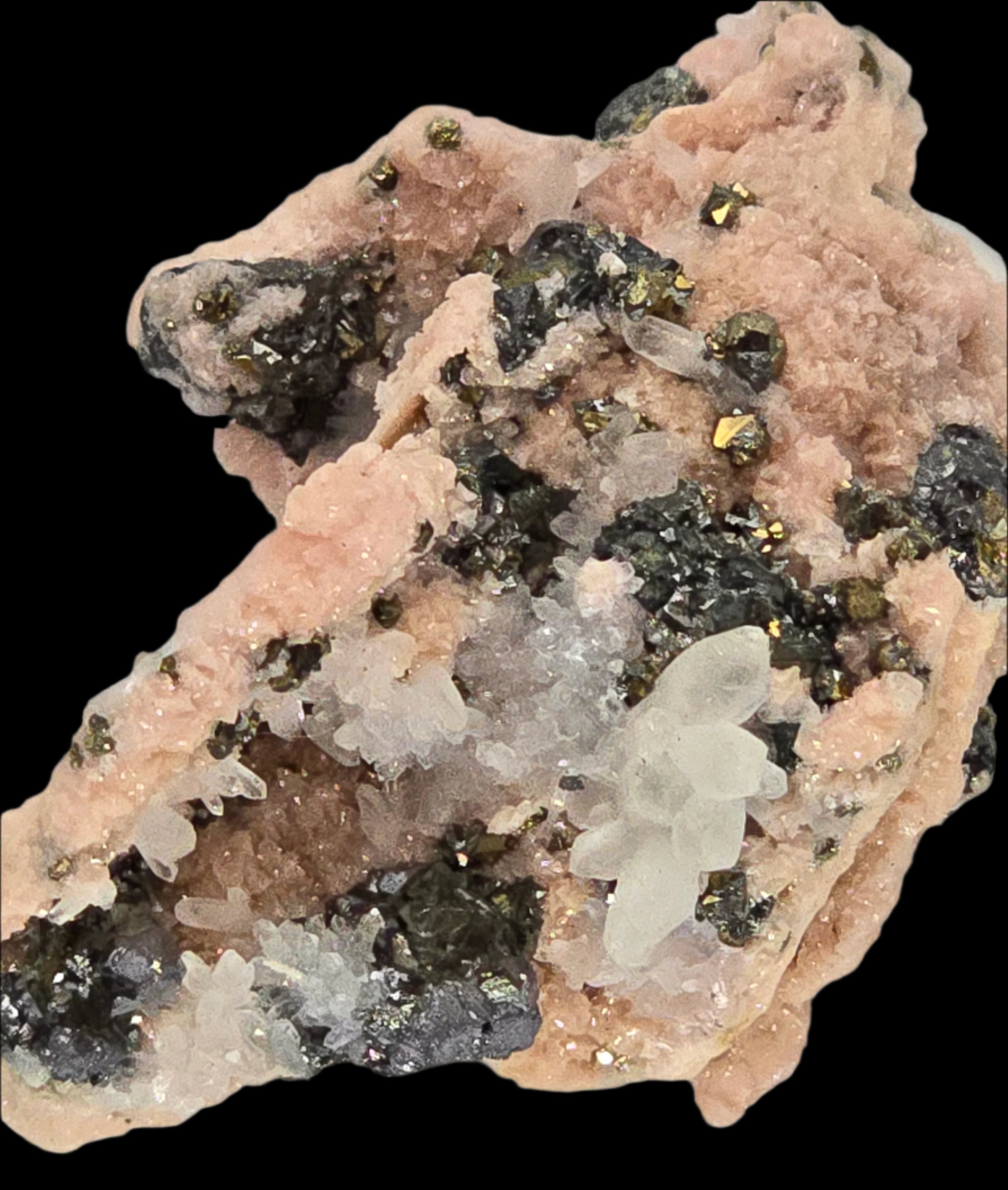 RHODOCHROSITE, CHALCOPYRITE, QUARTZ (miniature)