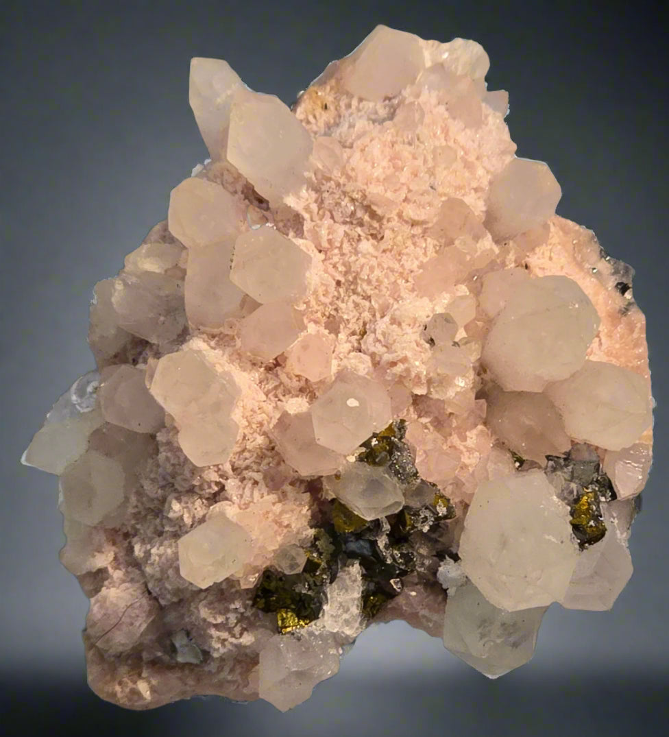 CHALCOPYRITE, RHODOCHROSITE, PYRITE, QUARTZ  SMALL CABINET
