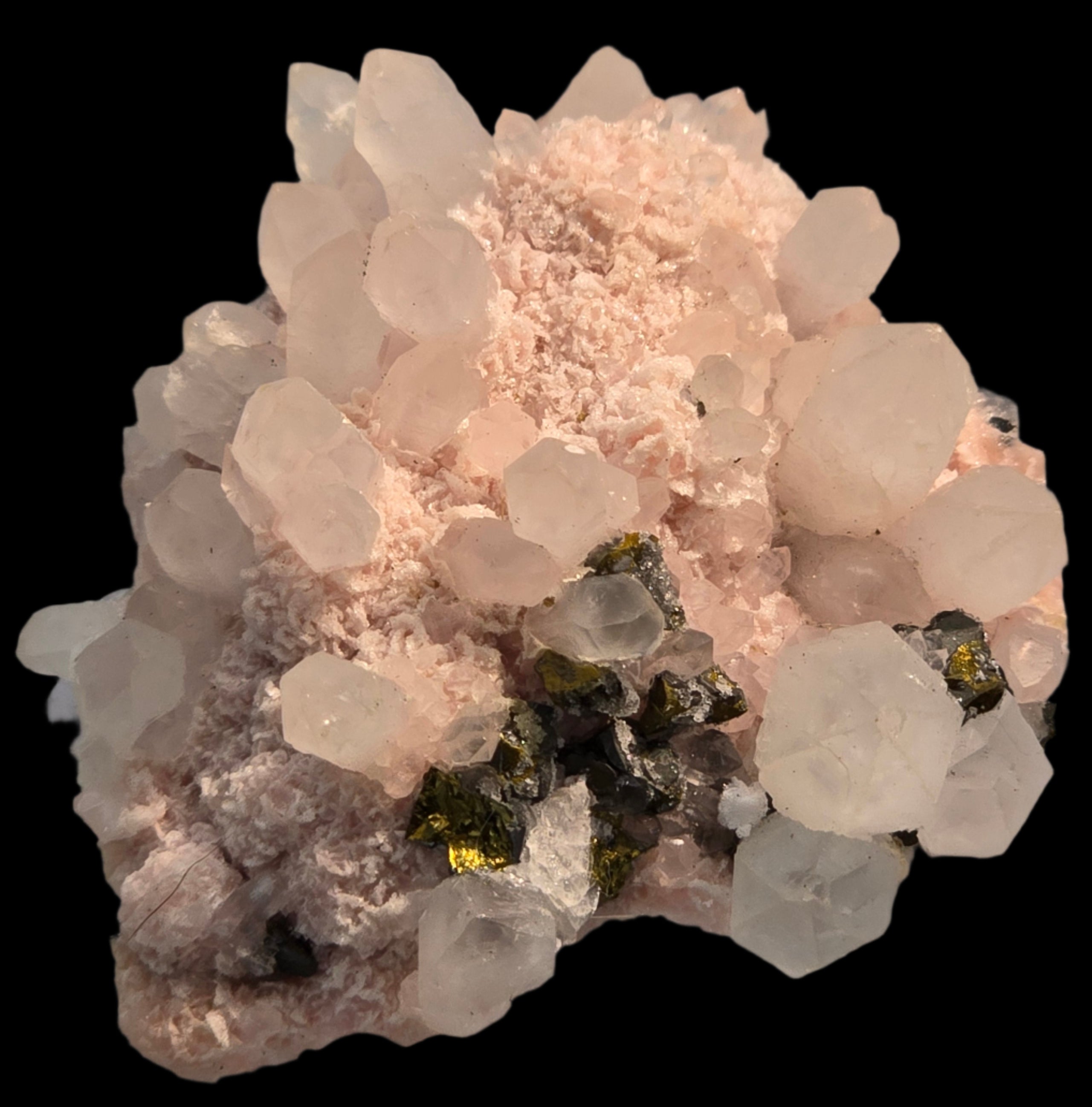 CHALCOPYRITE, RHODOCHROSITE, PYRITE, QUARTZ  SMALL CABINET