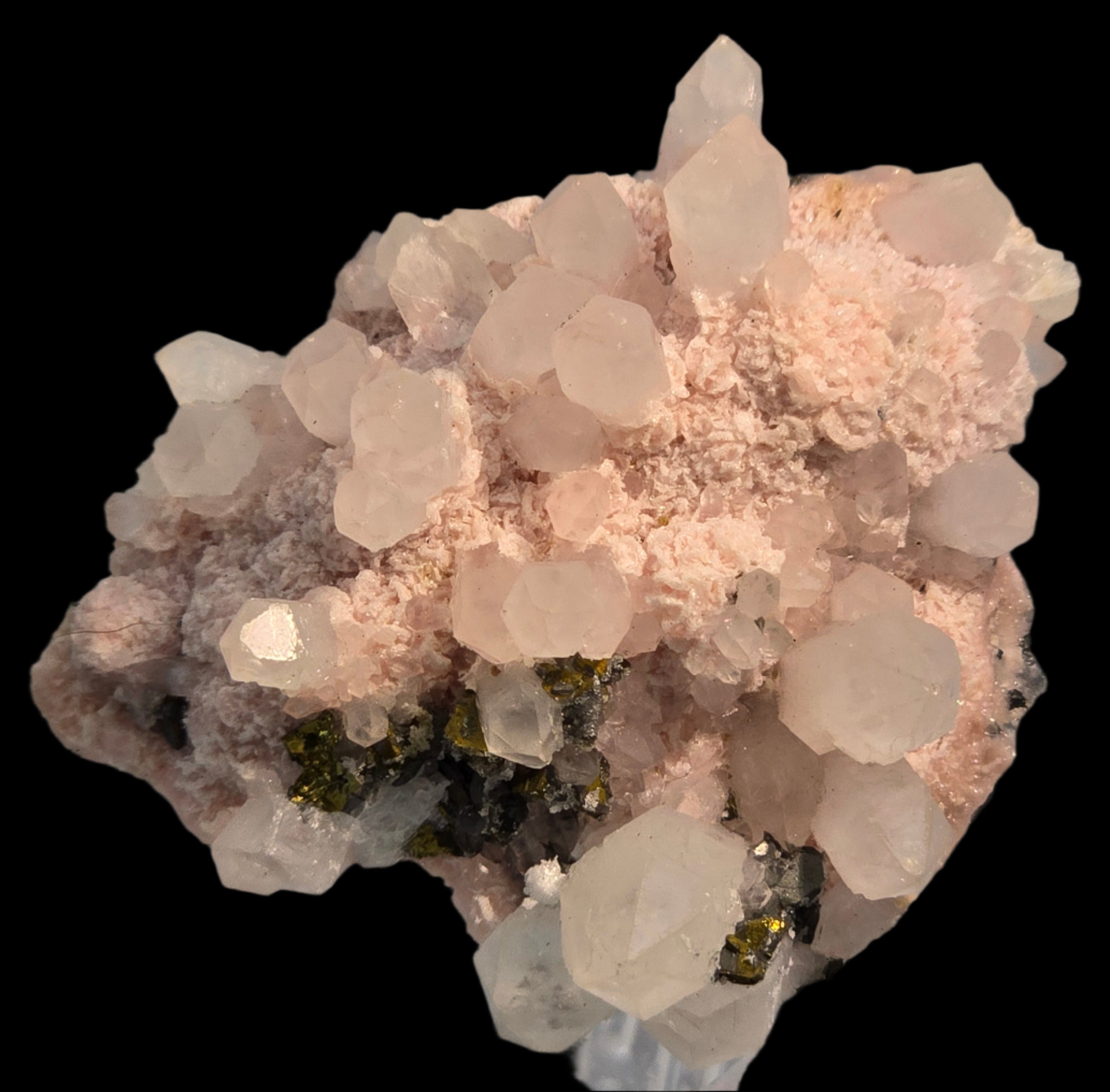 CHALCOPYRITE, RHODOCHROSITE, PYRITE, QUARTZ  SMALL CABINET
