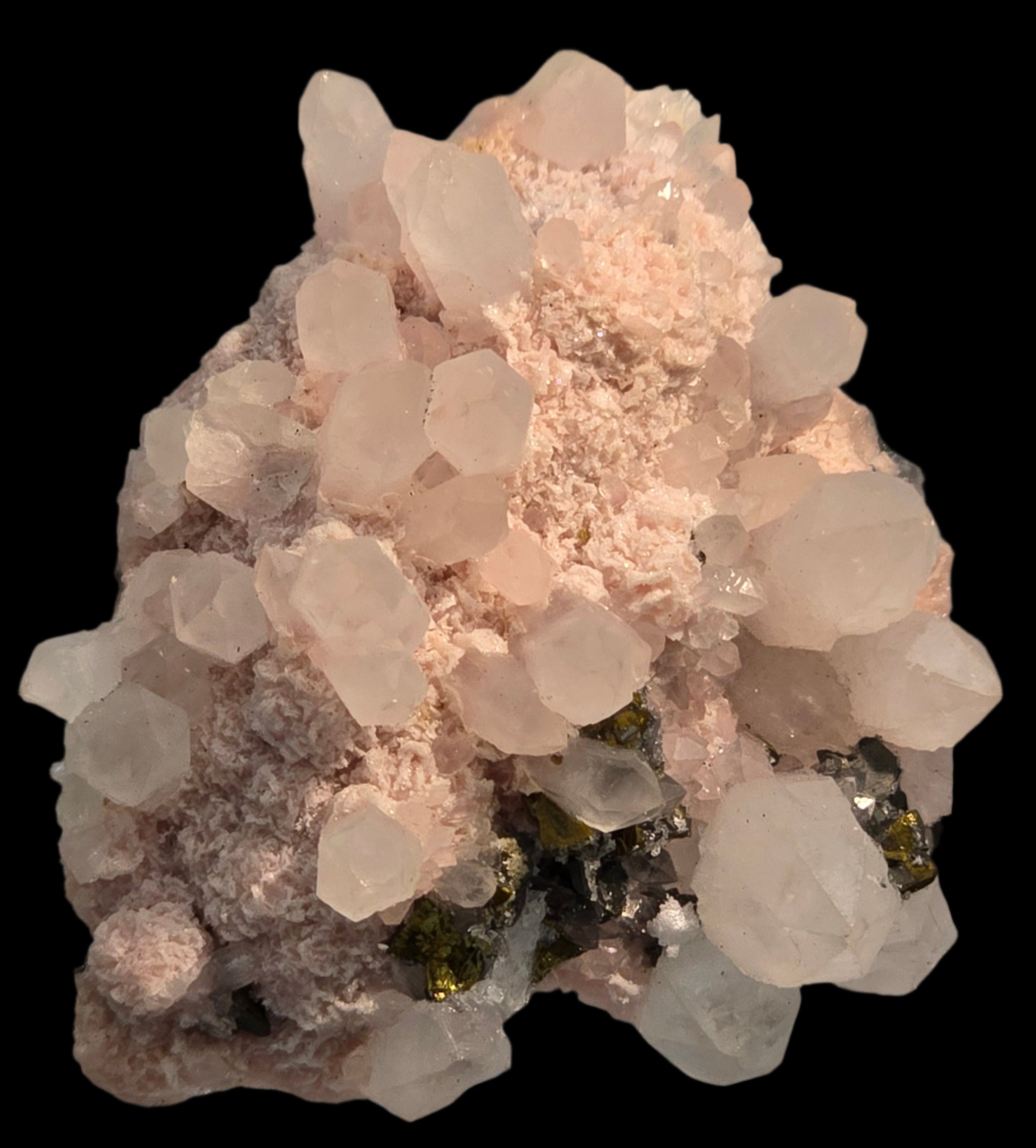 CHALCOPYRITE, RHODOCHROSITE, PYRITE, QUARTZ  SMALL CABINET