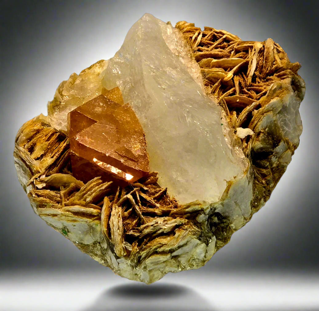 SCHEELITE (TWIN) with MUSCOVITE and QUARTZ (small cabinet)