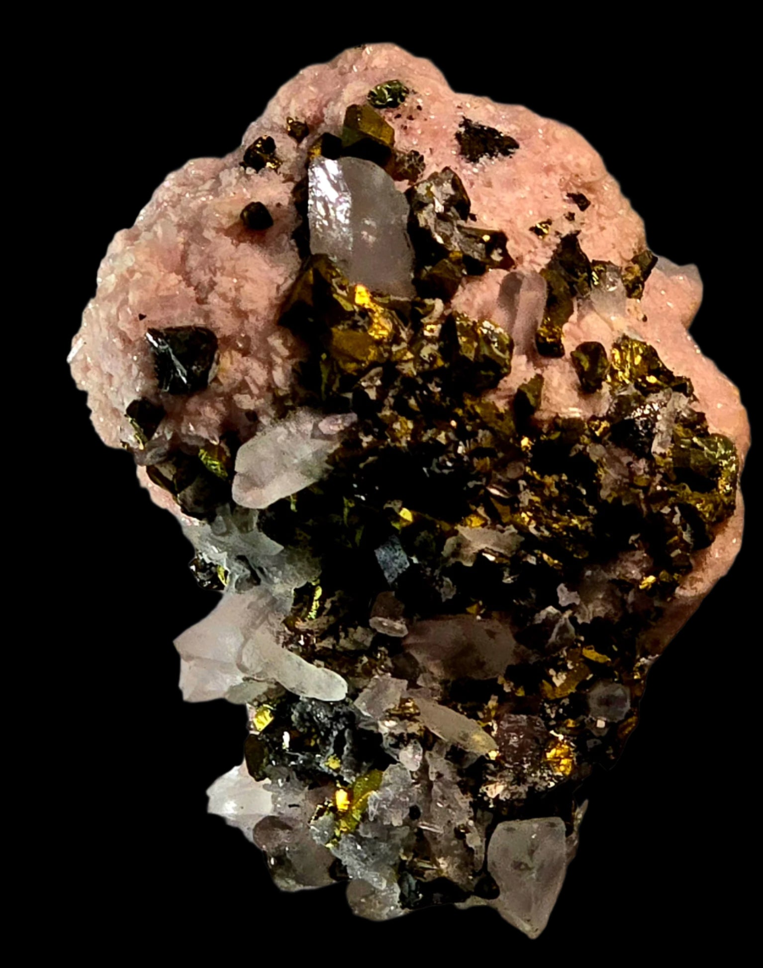 RHODOCHROSITE, CHALCOPYRITE, QUARTZ (miniature)
