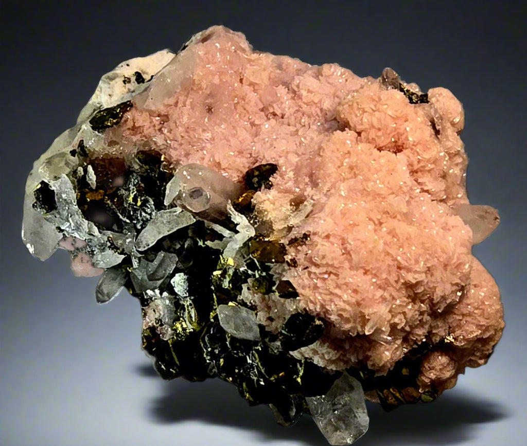 RHODOCHROSITE, CHALCOPYRITE, QUARTZ (miniature)