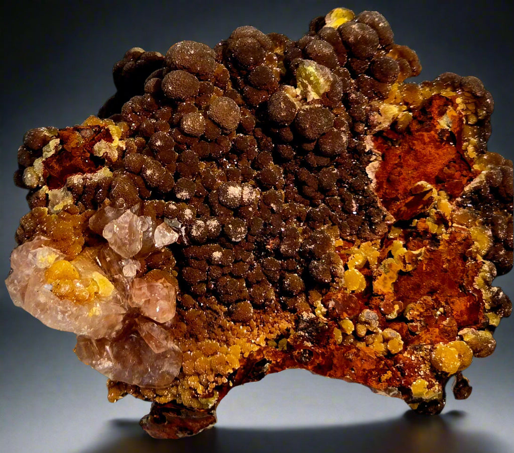 MIMETITE on LIMONITE, RHODOCHROSITE (cabinet)