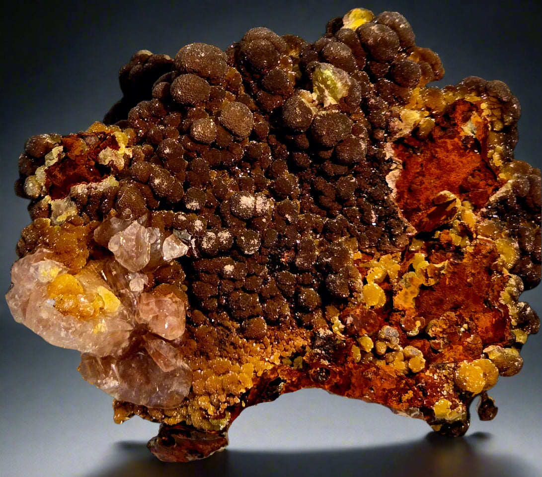MIMETITE on LIMONITE, RHODOCHROSITE (cabinet)