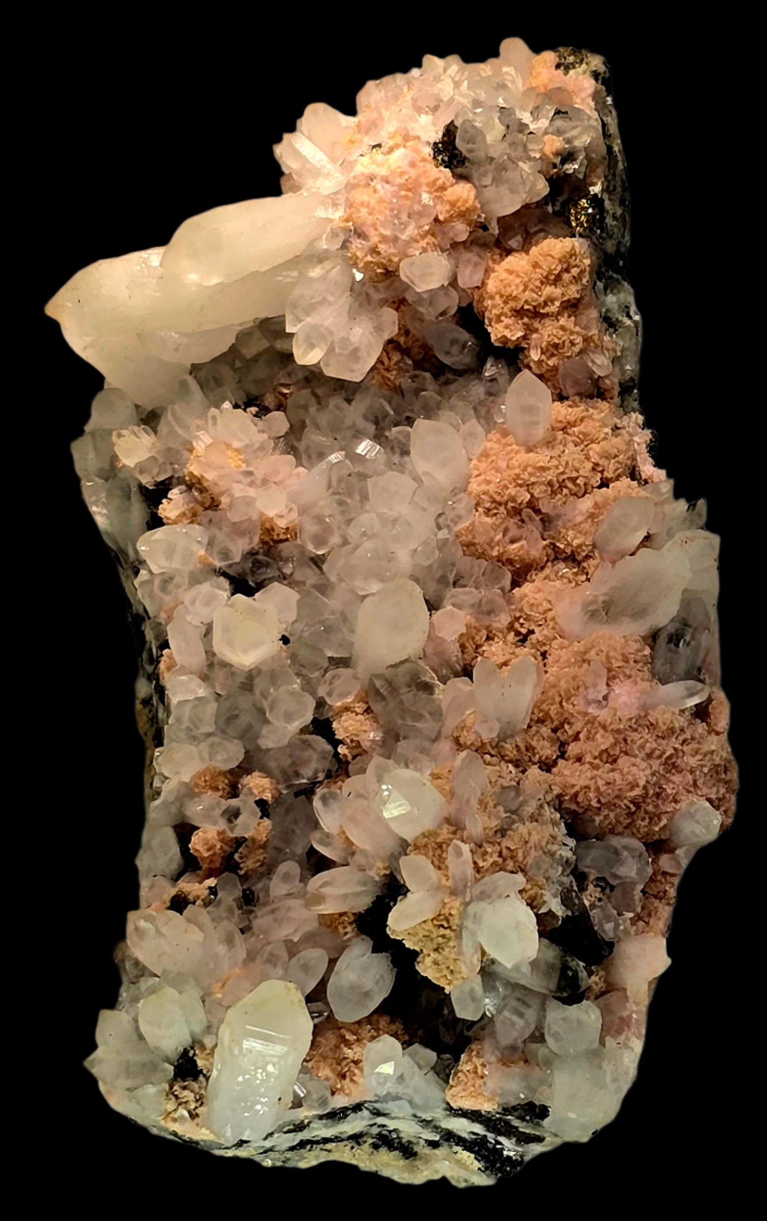 RHODOCHROSITE, QUARTZ, CHALCOPYRITE (cabinet)