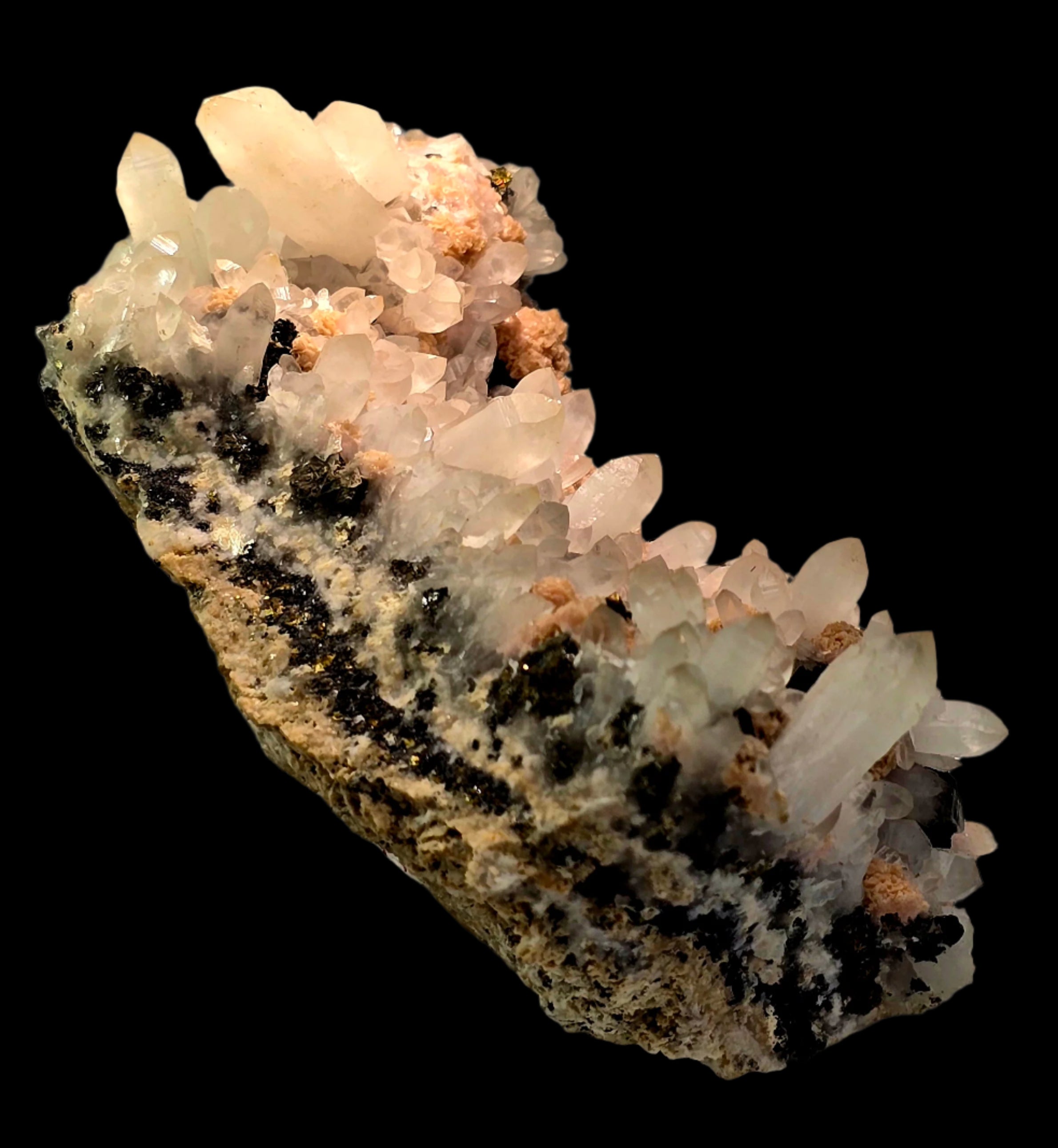 RHODOCHROSITE, QUARTZ, CHALCOPYRITE (cabinet)
