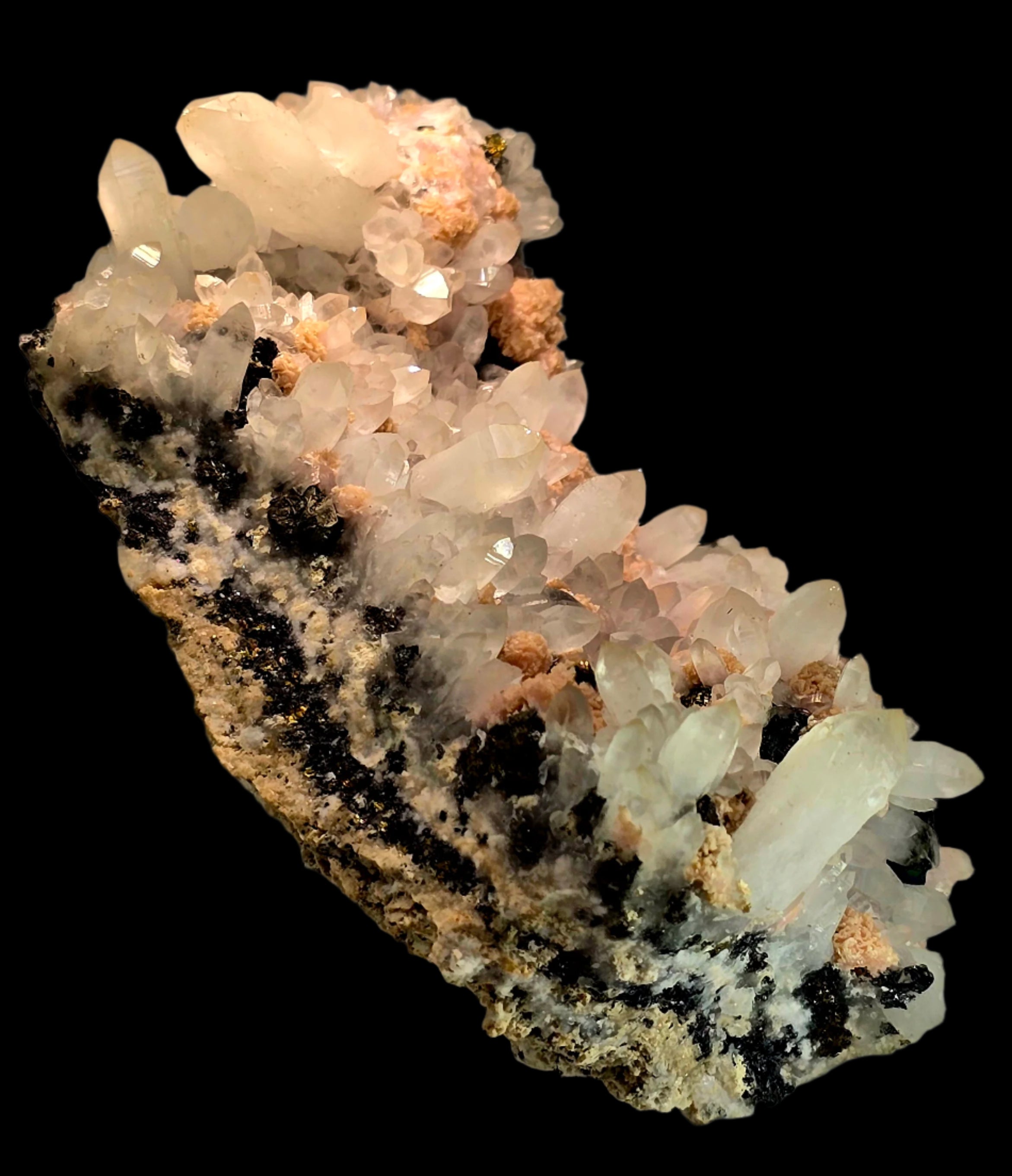 RHODOCHROSITE, QUARTZ, CHALCOPYRITE (cabinet)