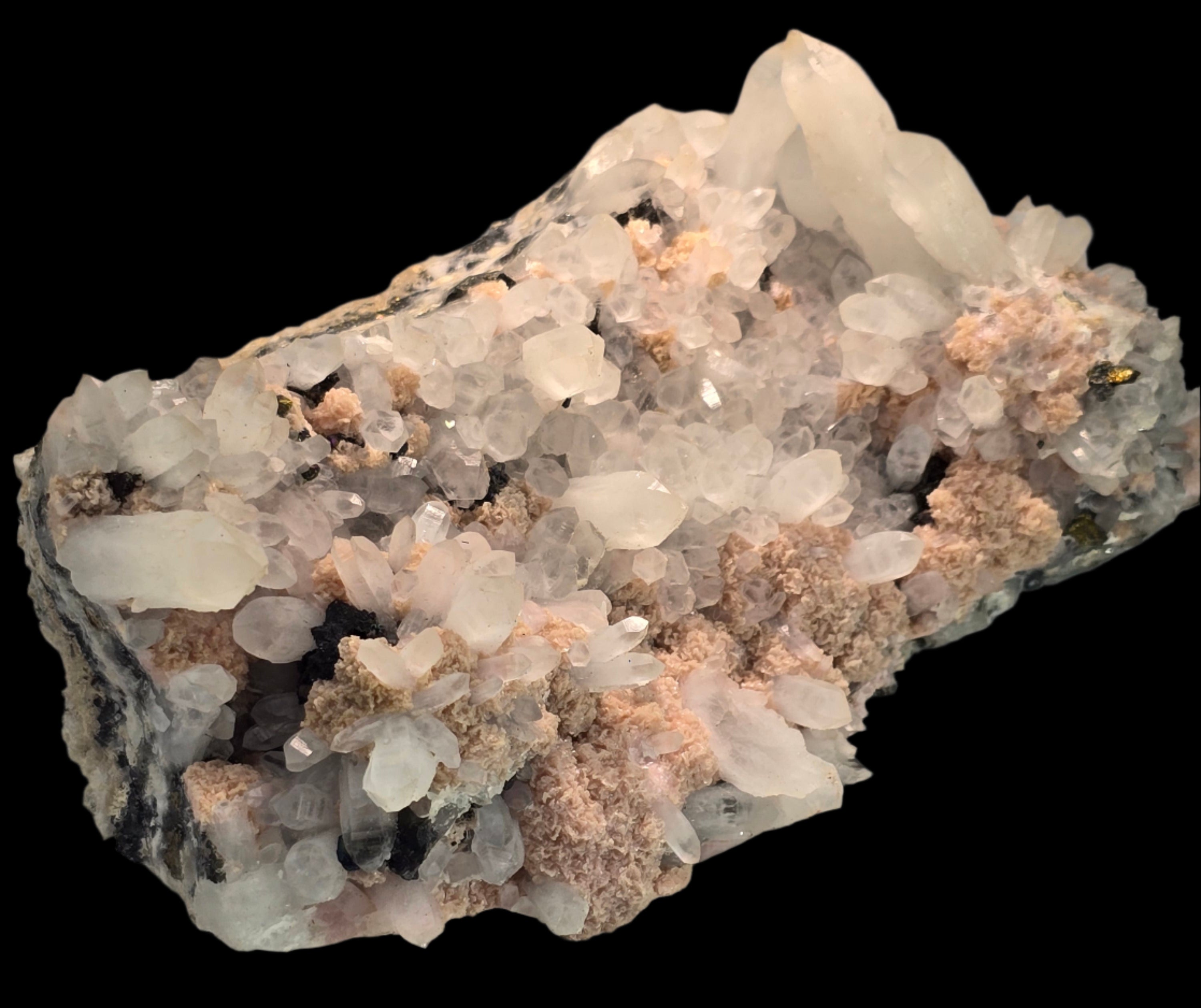RHODOCHROSITE, QUARTZ, CHALCOPYRITE (cabinet)