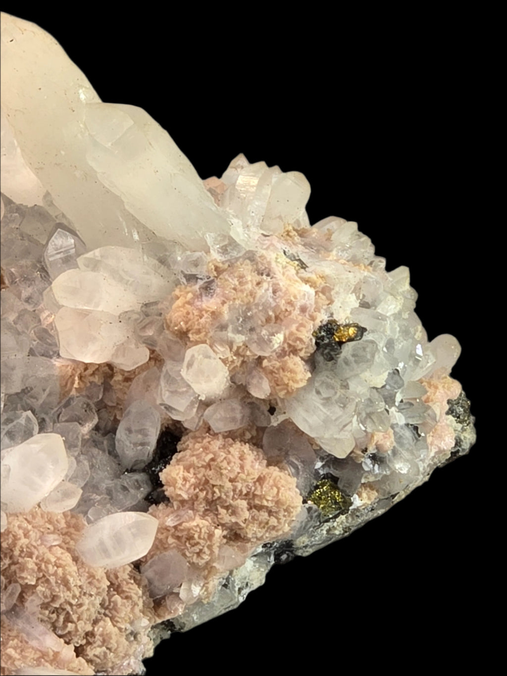 RHODOCHROSITE, QUARTZ, CHALCOPYRITE (cabinet)