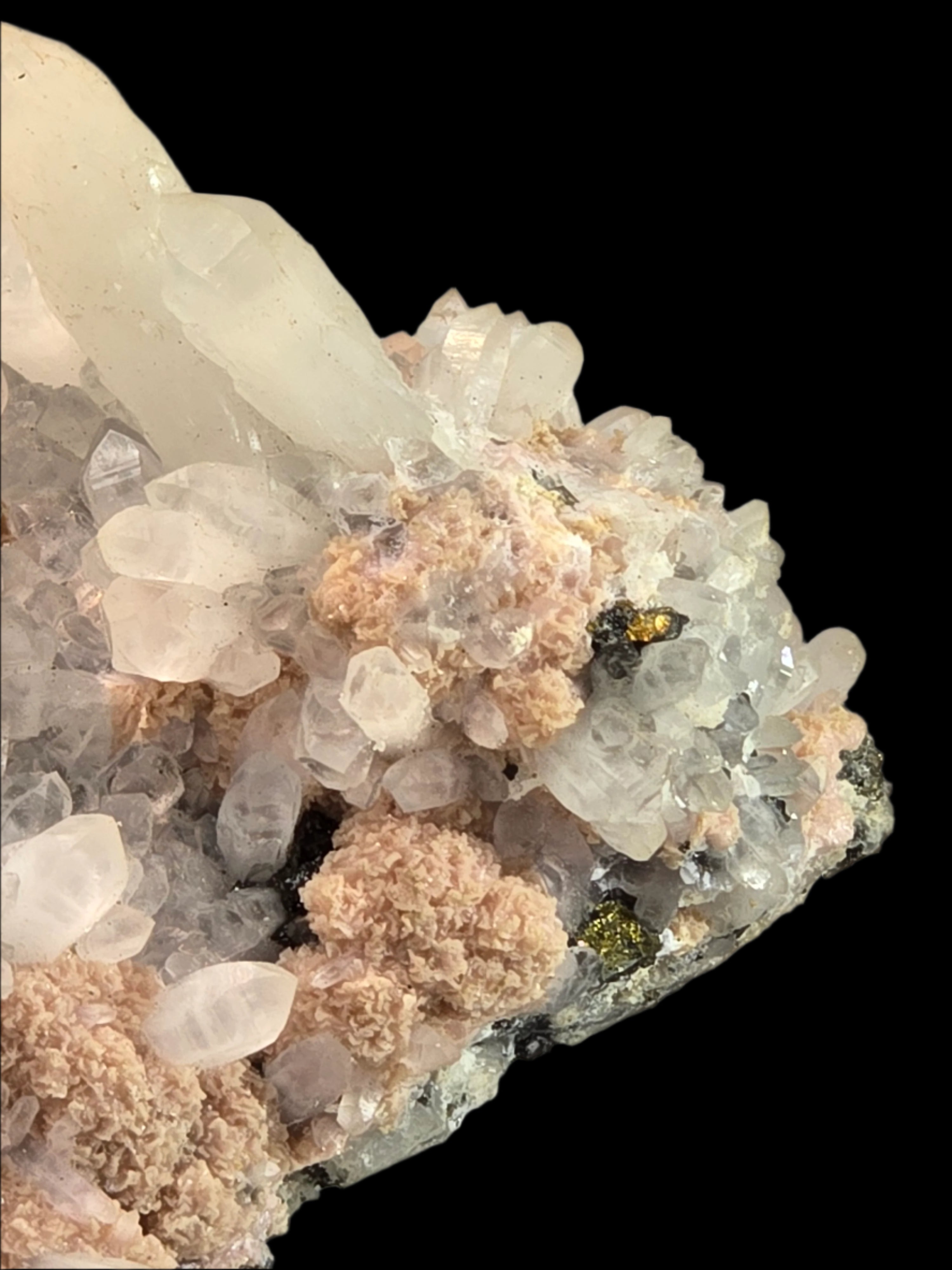 RHODOCHROSITE, QUARTZ, CHALCOPYRITE (cabinet)