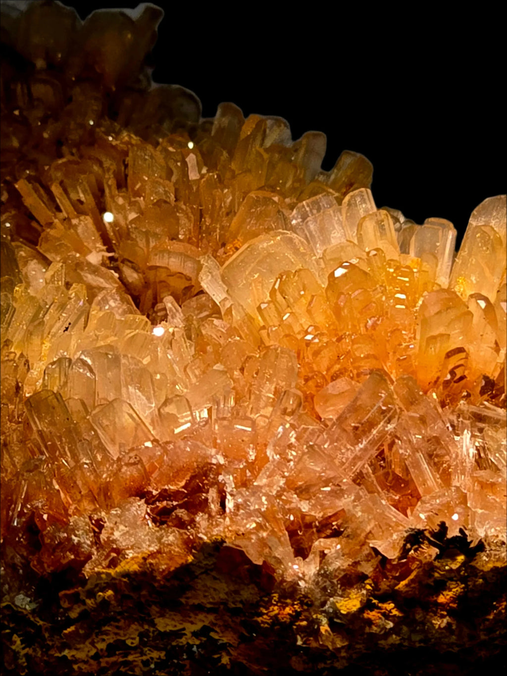 Calcite crystals from Elmwood Mine, Tennessee, glowing amber against dark matrix, mineral specimen for collectors