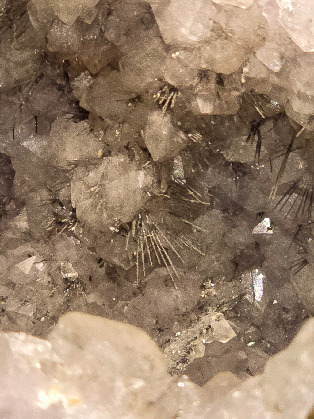 RUTILE NEEDLES, INTERGROWN WITH QUARTZ and CALCITE  (GEODE) (large cabinet)
