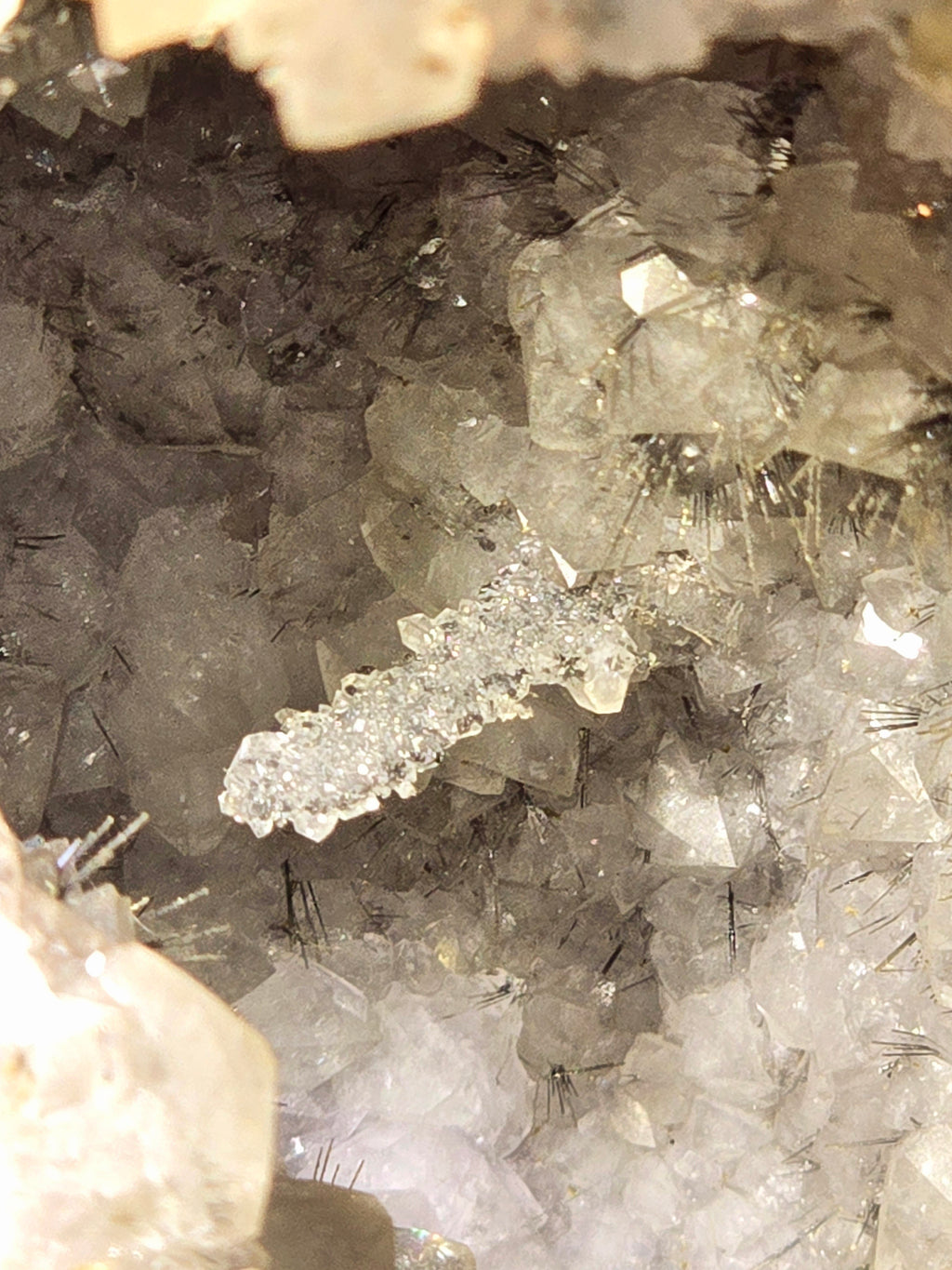 RUTILE NEEDLES, INTERGROWN WITH QUARTZ and CALCITE  (GEODE) (large cabinet)