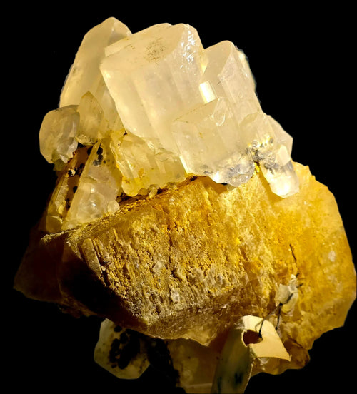 Calcite crystals on yellow matrix, mineral specimen for collectors