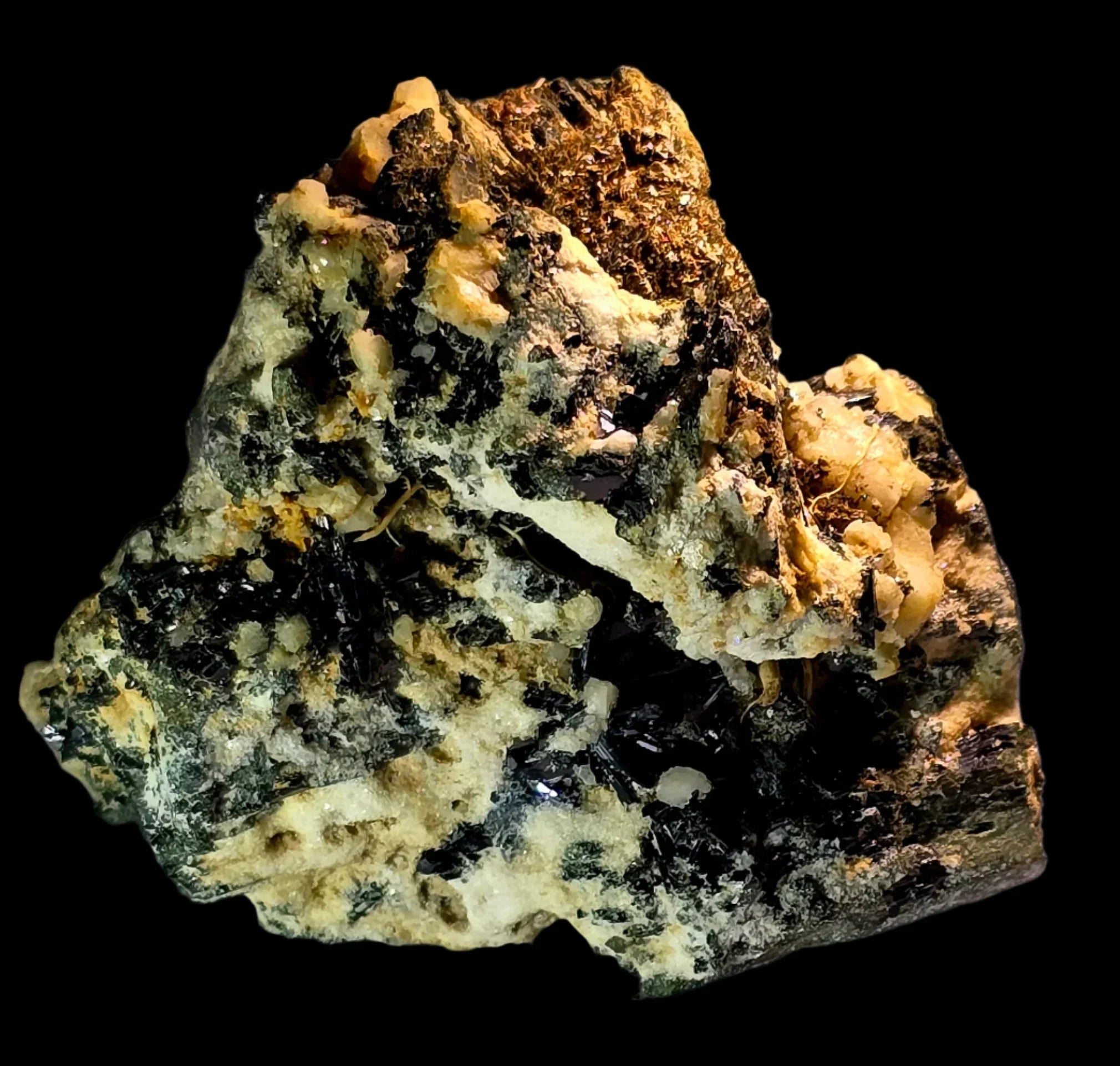 Sphalerite on Calcite from Spain, mineral specimen with black crystals and yellow matrix