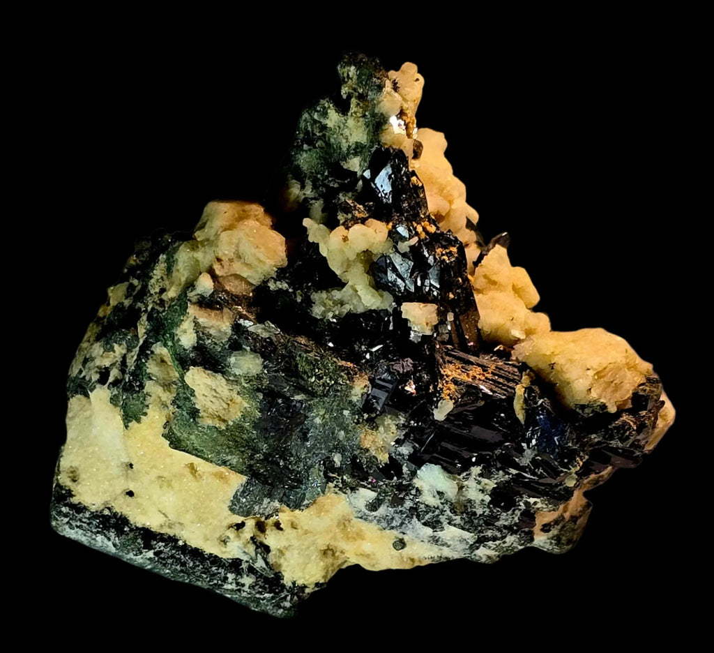 Sphalerite on Calcite from Spain, mineral specimen with black crystals and yellow matrix