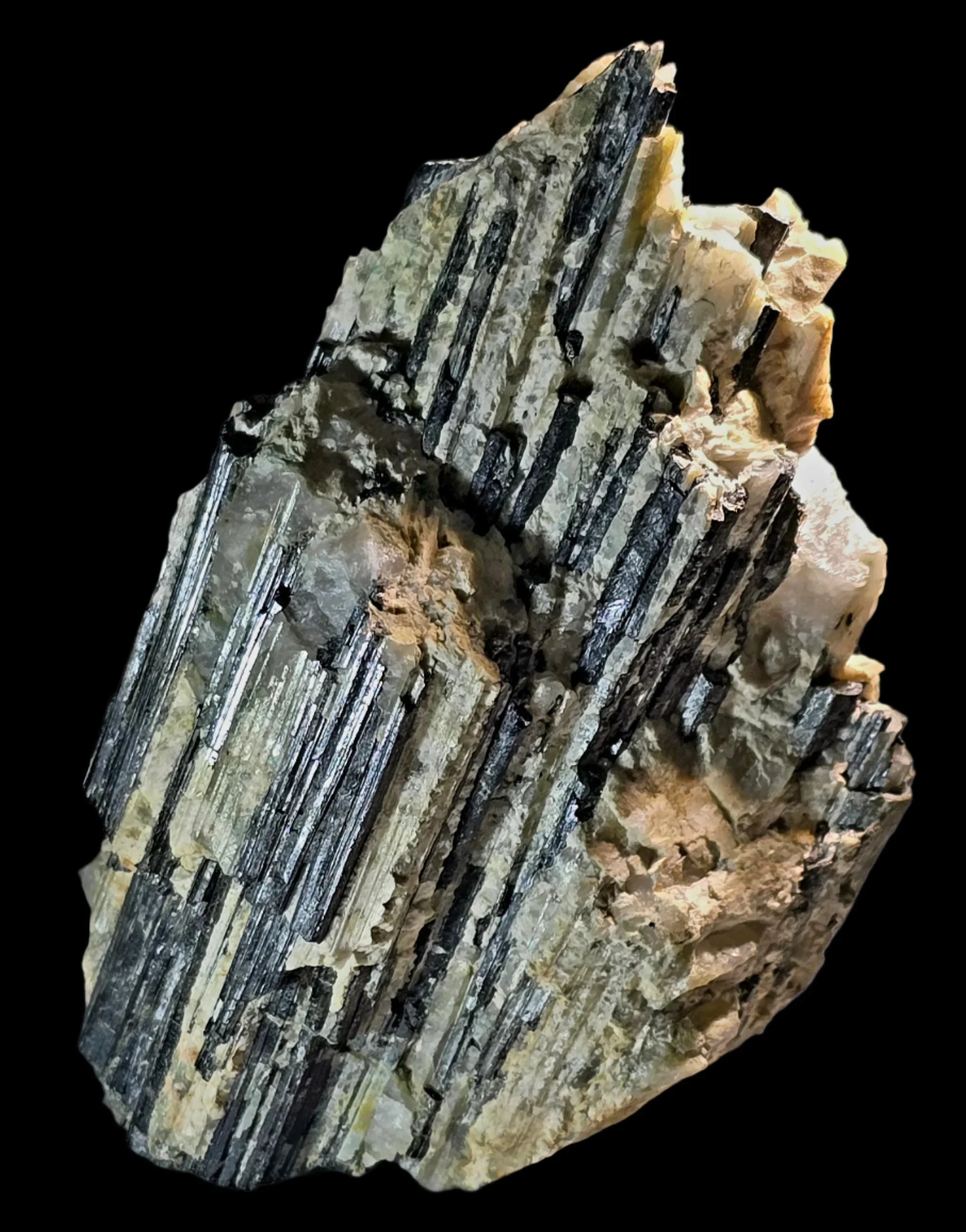 Aegirine crystal specimen with striking black prismatic crystals on light matrix, ideal for mineral collectors.