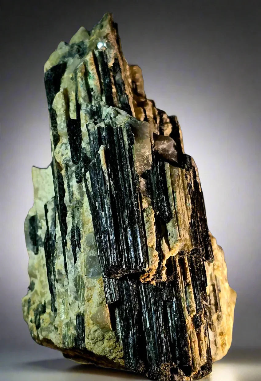 Black Tourmaline Crystal Specimen from Brazil, striking prismatic formations on matrix