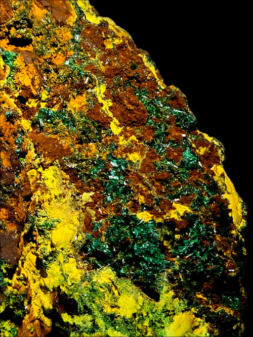 Vibrant yellow, green, and brown mineral specimen with intricate textures against black background