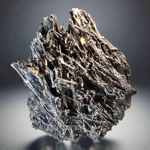 Stibnite mineral specimen from China, featuring metallic lustrous needle-like crystals on dark matrix