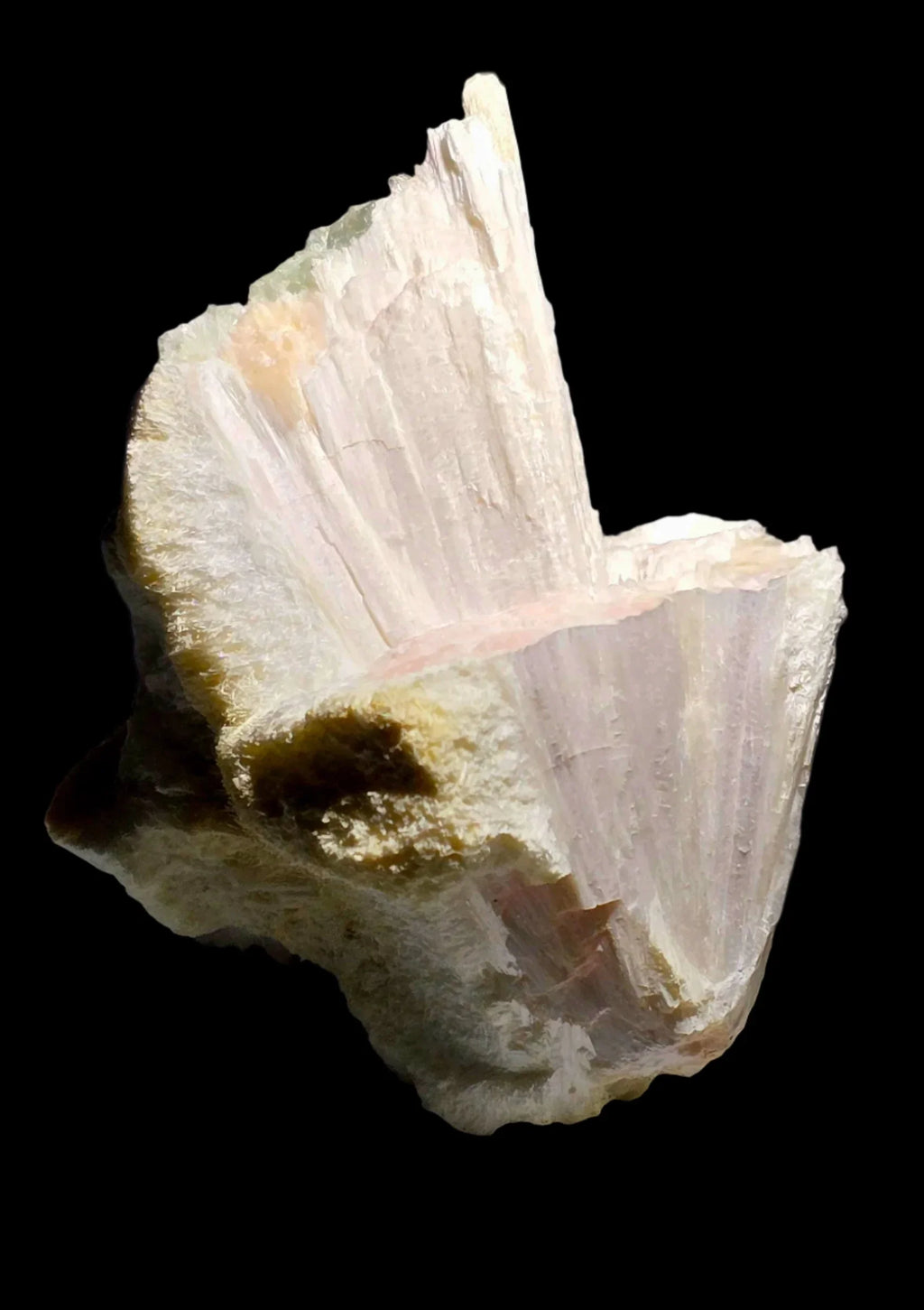 Gypsum crystal specimen with layered white and pink striations, natural mineral formation