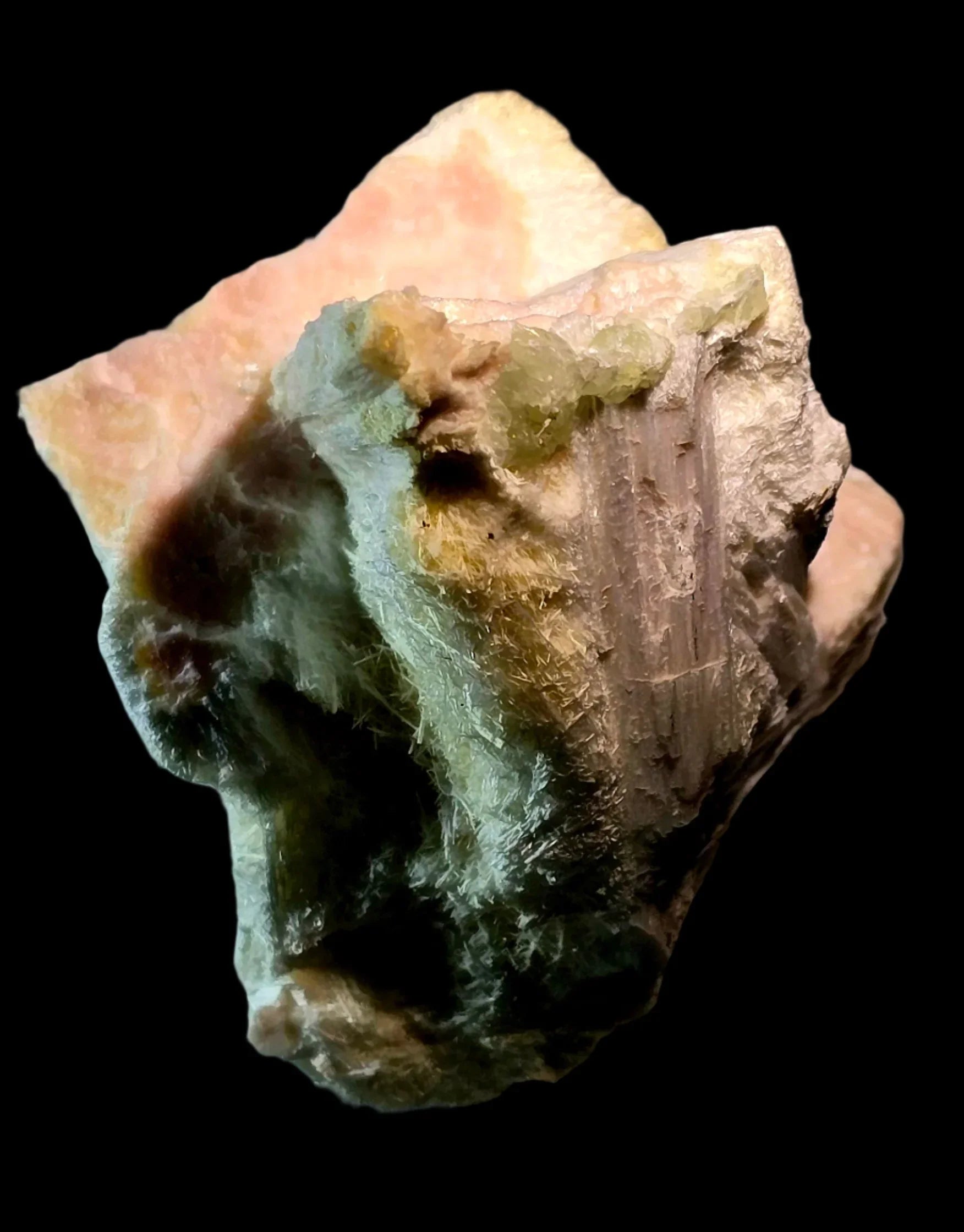 Calcite with green chlorite on pink matrix, mineral specimen for collectors
