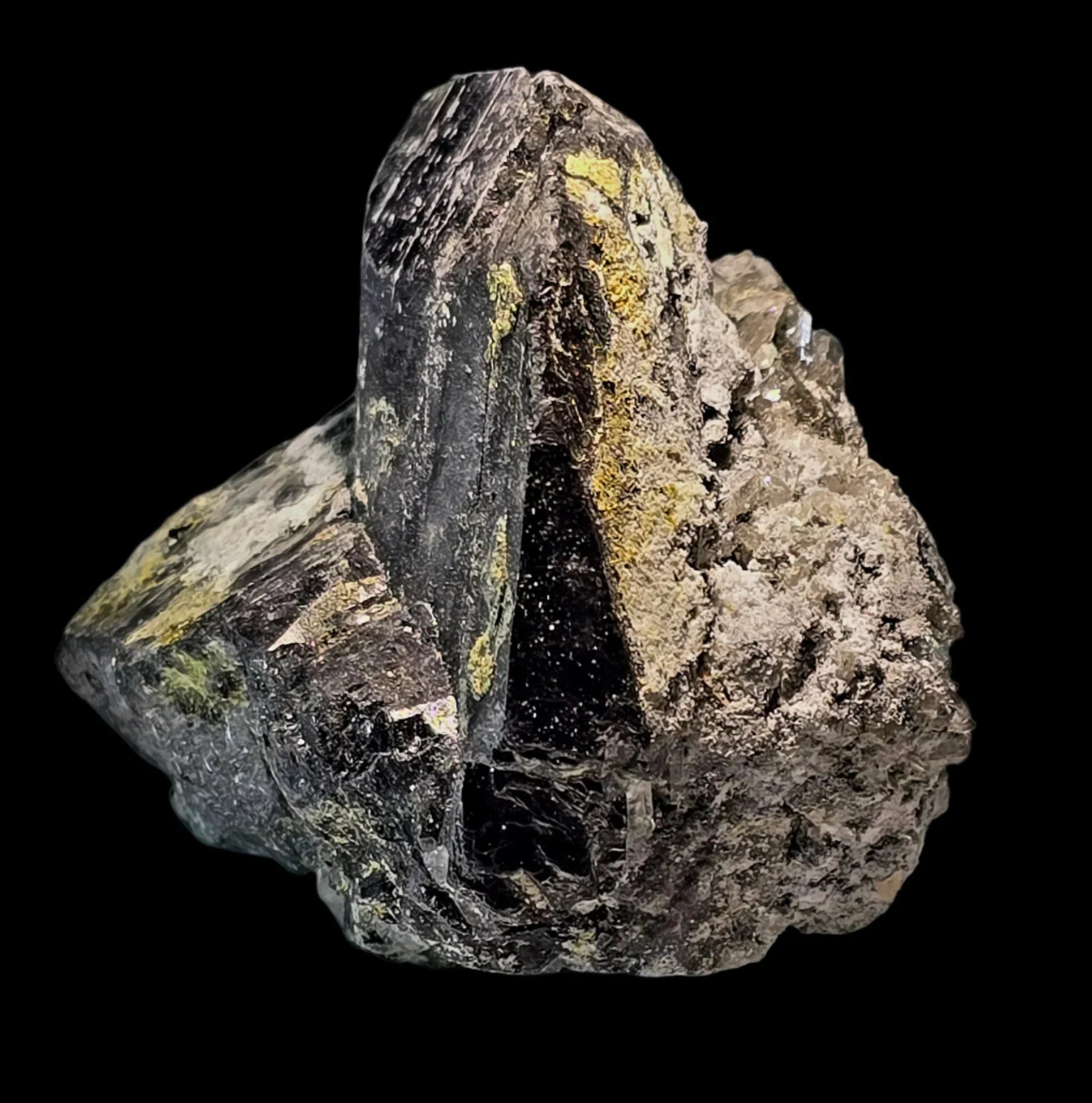 Black Tourmaline crystal with yellow inclusions on matrix, mineral specimen for collectors