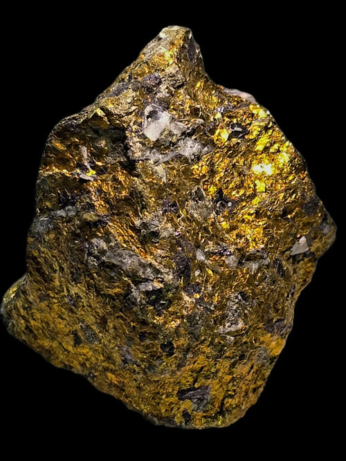 Golden Pyrite mineral specimen with metallic luster, natural crystal formation on dark matrix