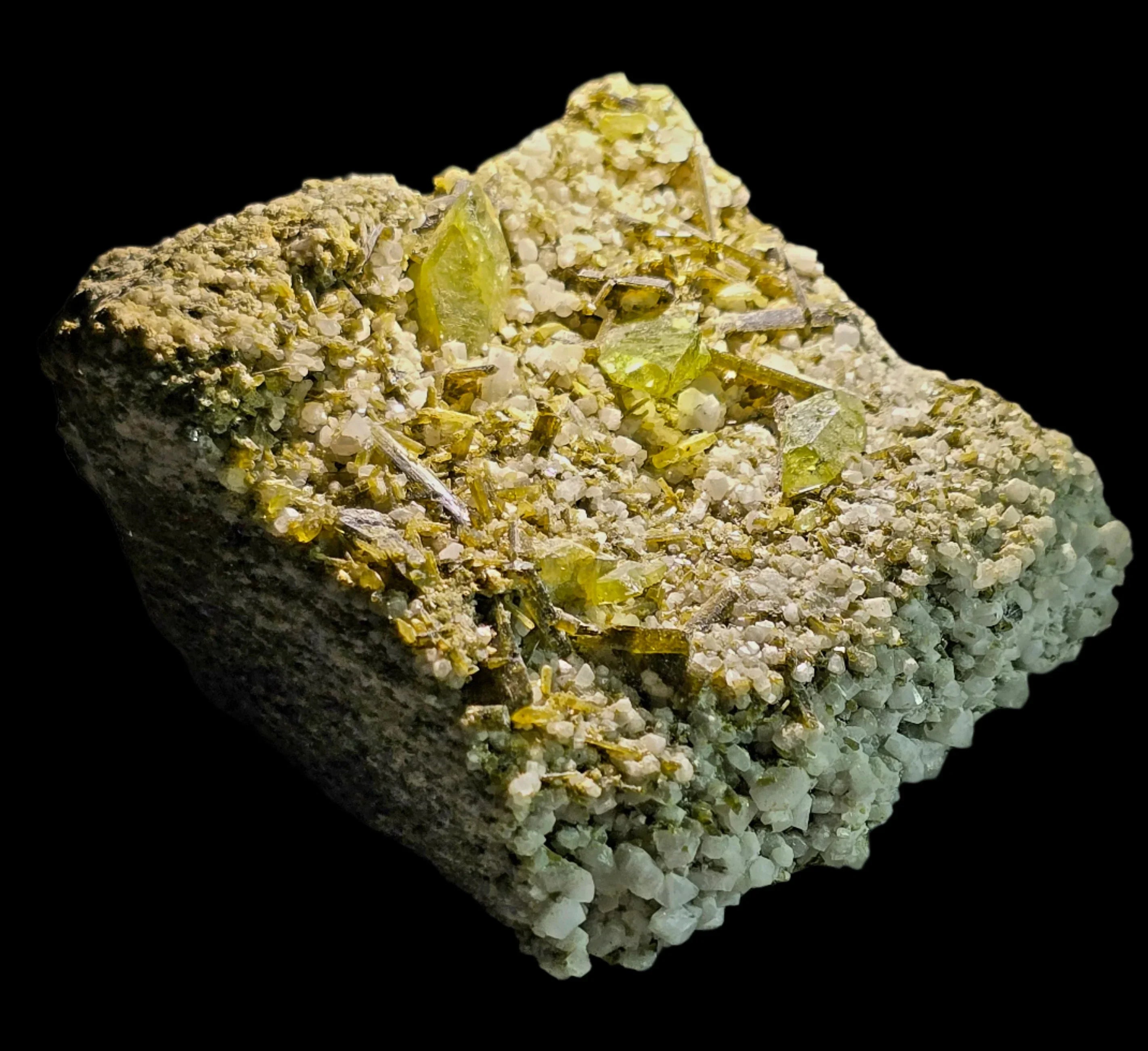 Heliodor crystal specimen with greenish-yellow gemstones on matrix, mineral collector's display piece