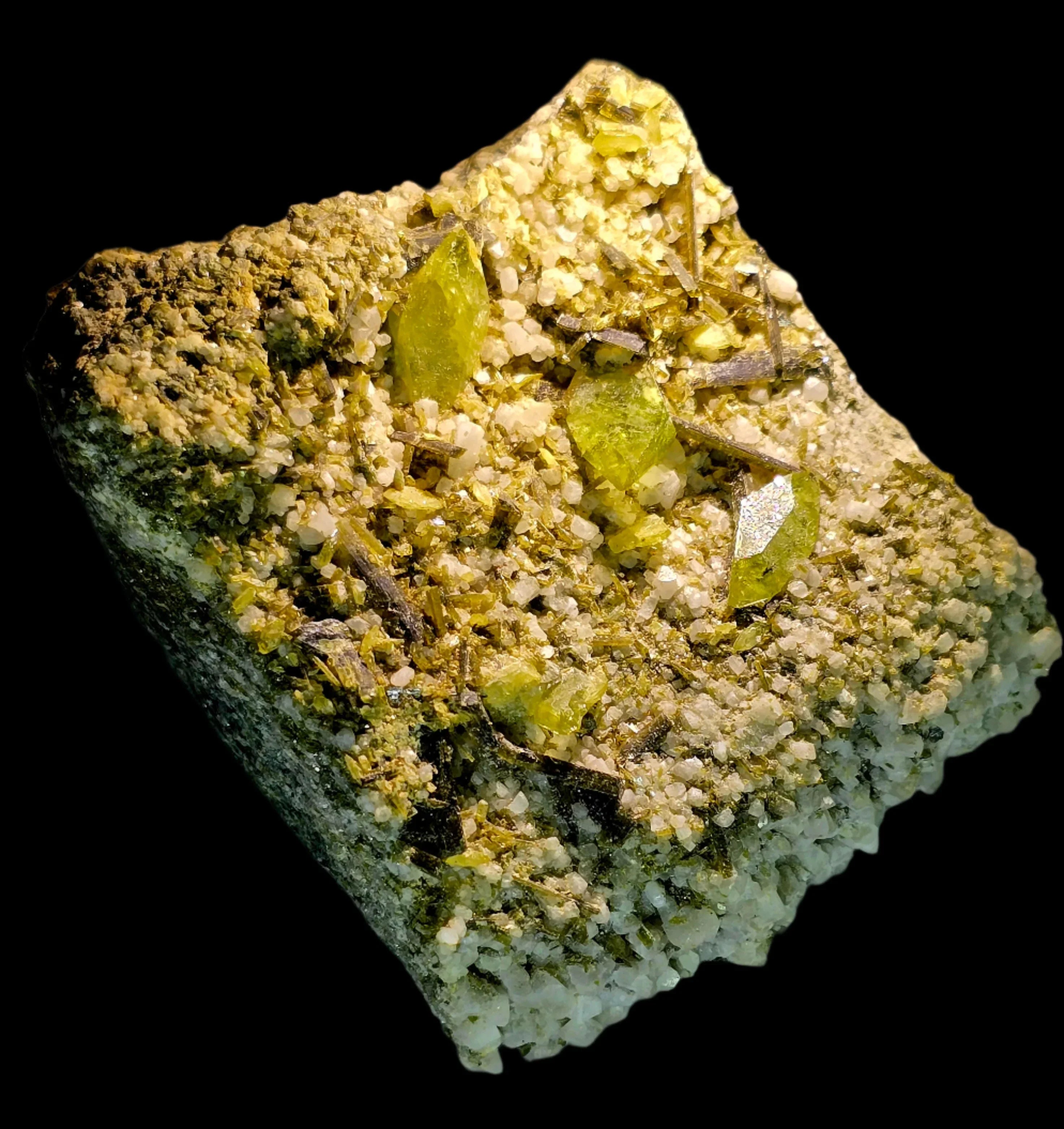 Vibrant yellow crystals on matrix, mineral specimen from classic locality