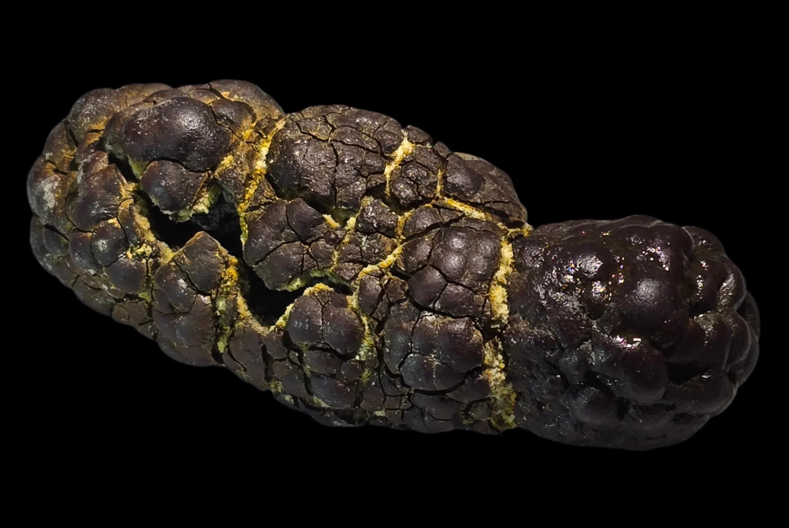 Dark textured mineral specimen with yellow veining, showcasing unique geological patterns