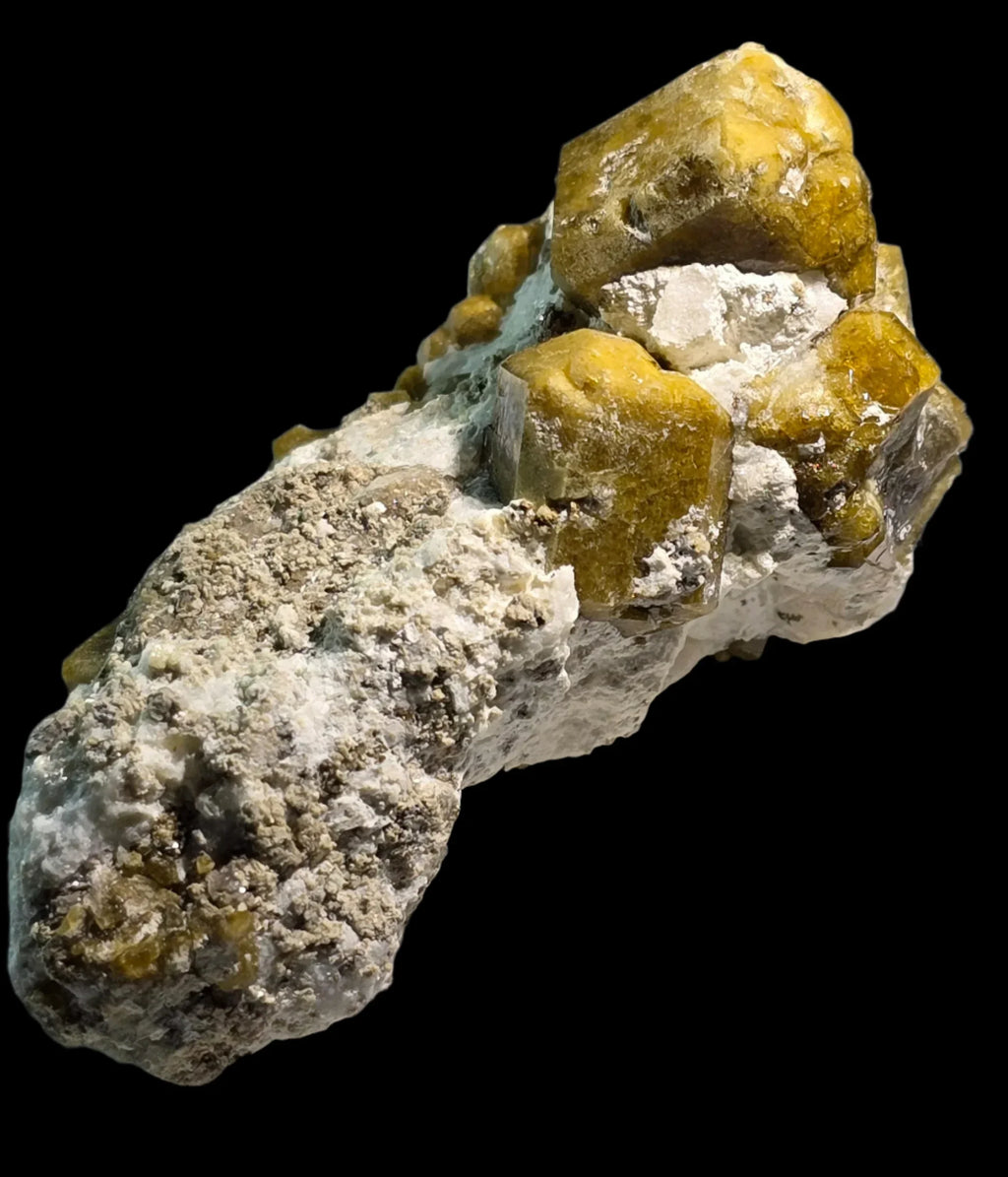 Vibrant yellow fluorite crystals on white matrix, mineral specimen for collectors
