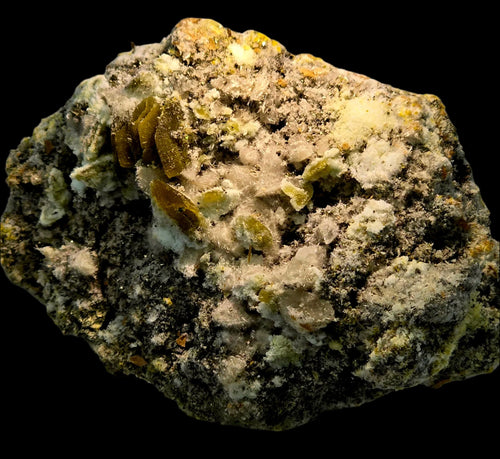Calcite with yellow crystals on matrix, mineral specimen for collectors