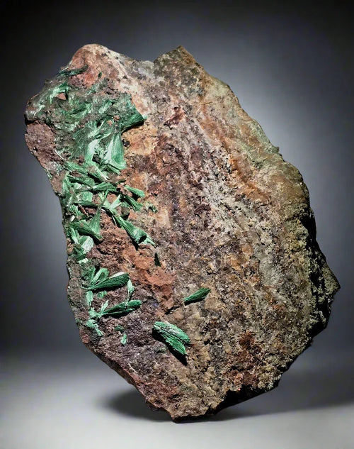 Malachite on matrix from Congo, vibrant green crystals on earthy brown host rock