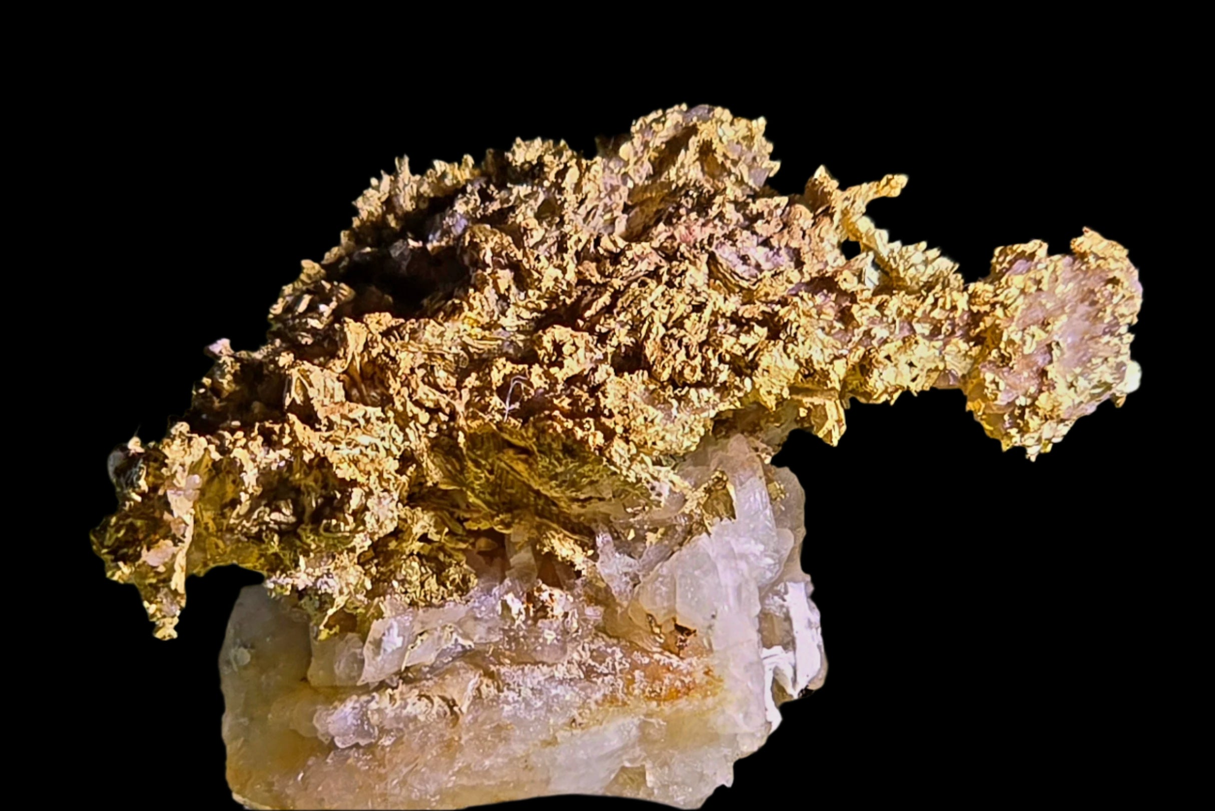GOLD WIRES and CRYSTALS on QUARTZ (miniature)