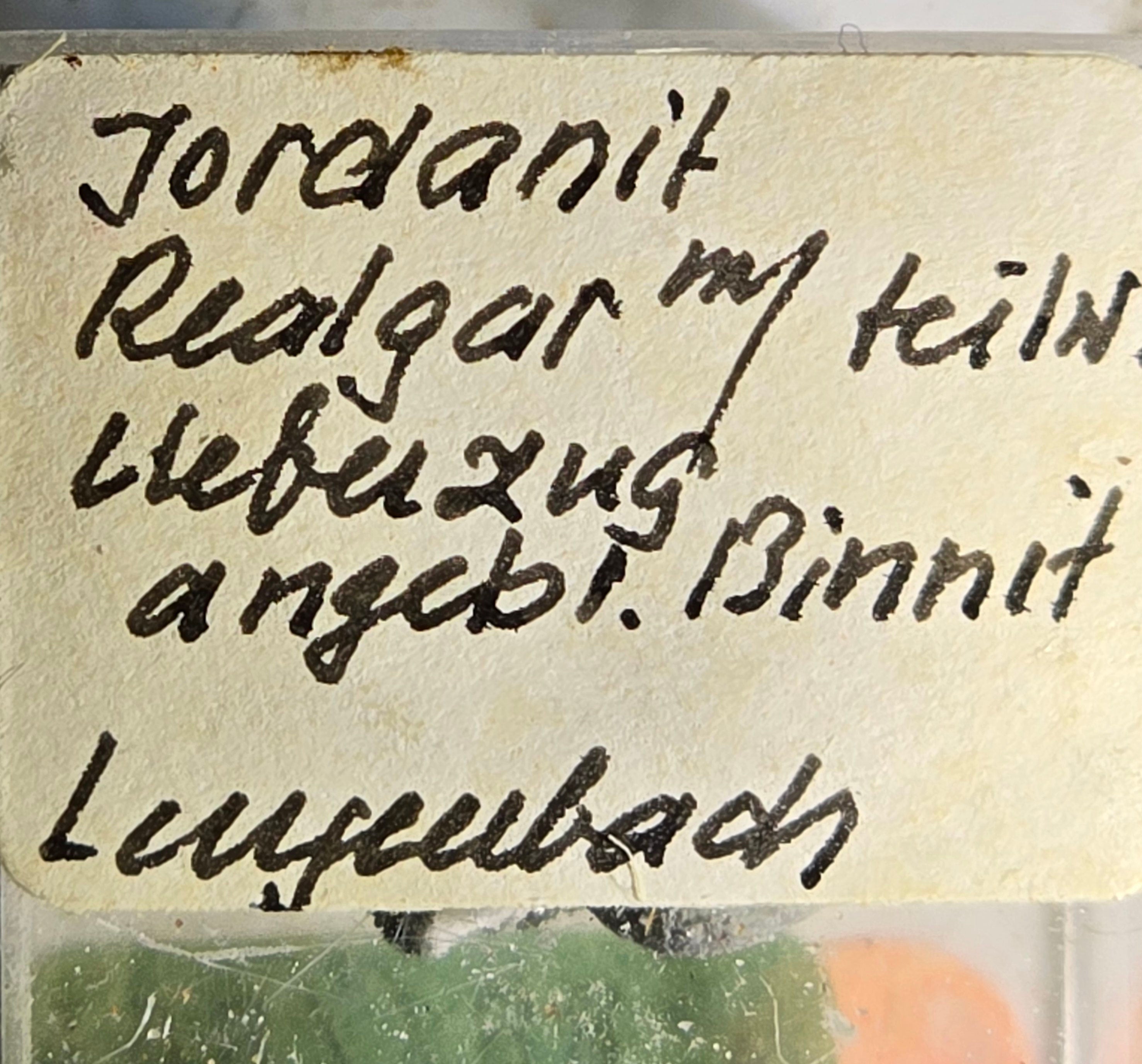 REALGAR (AURIPIGMENT) with JORDANITE, covered partially with most likely BINNITE (Tennantite) from the Lengenbach Quarry (micro and miniature)