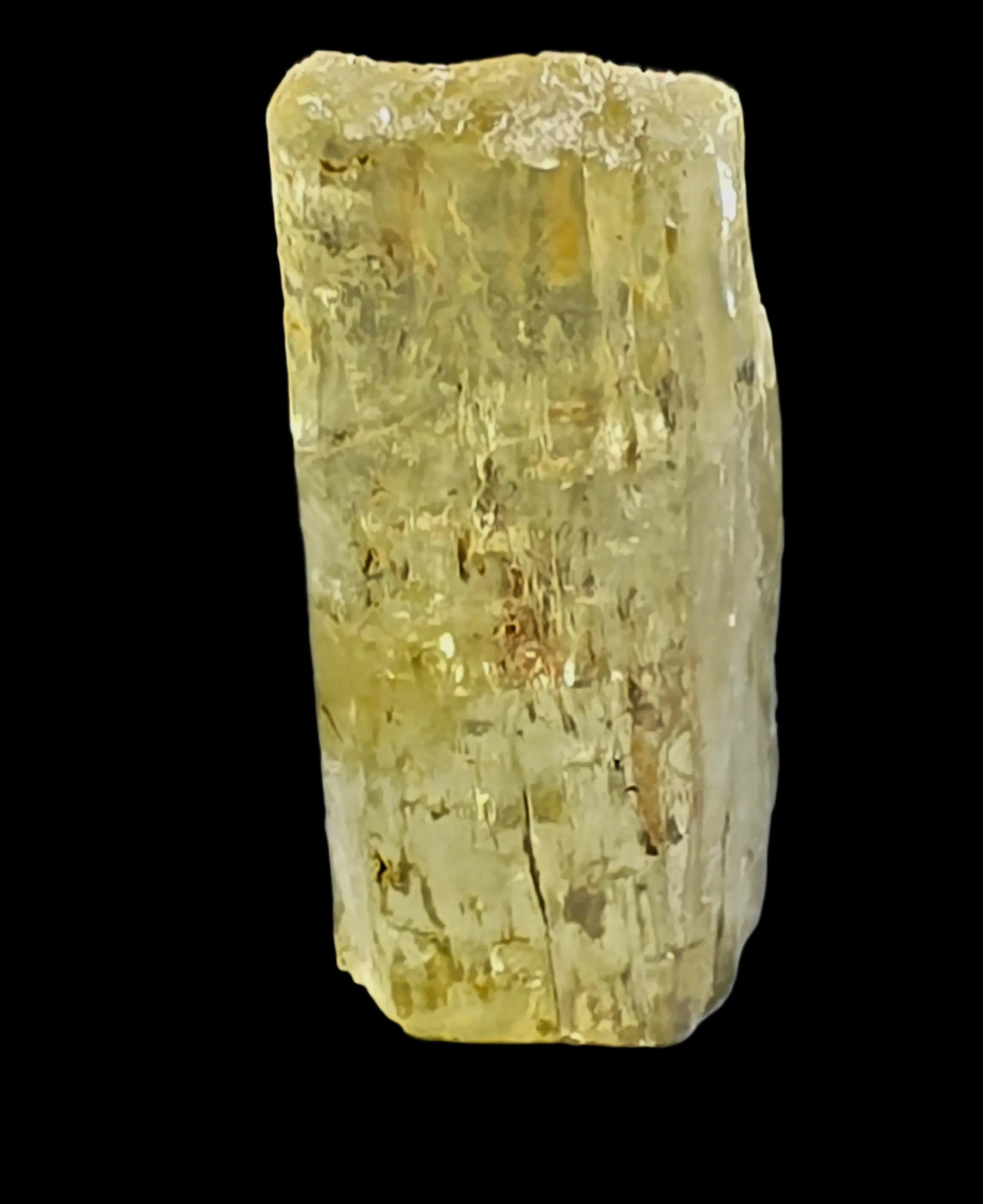 Yellow calcite crystal specimen with natural texture and inclusions, ideal for mineral collectors.