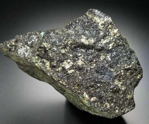 Pyrite in matrix from Peru, metallic gold flecks on dark rock, mineral specimen for collectors