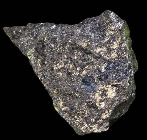 Chalcopyrite mineral specimen with metallic gold flecks and green oxidation, ideal for collectors