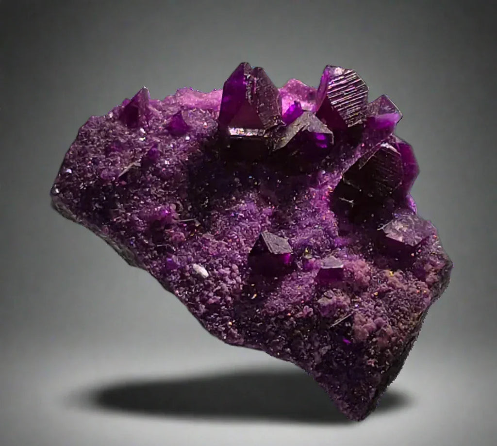 Fluorite crystal specimen with deep purple cubic crystals on matrix, classic mineral collector piece